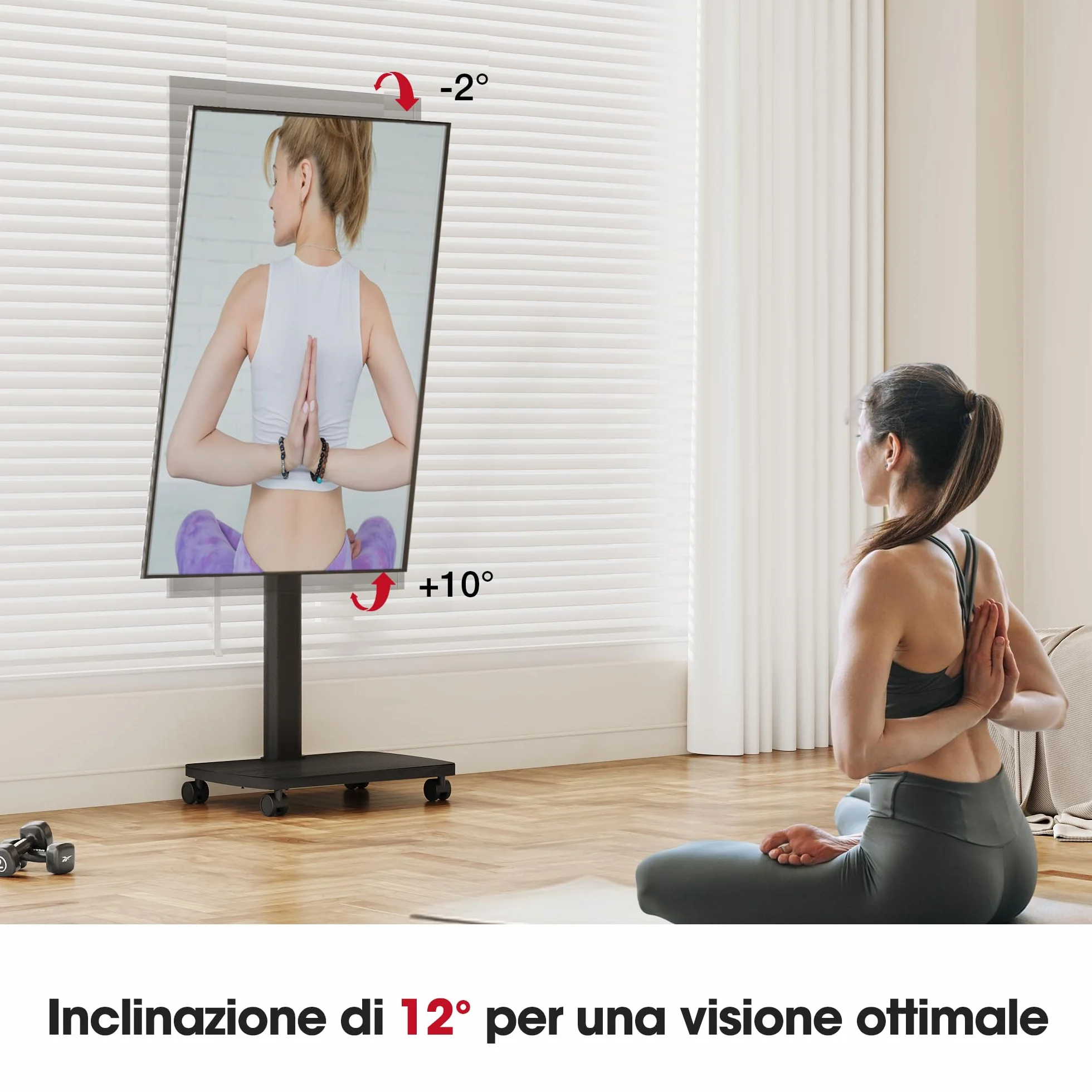 AOKCOS Supporto TV da Pavimento Orizzontale e Verticale per 19-42 Pollici, Carrello Porta TV con Ruote Base in Legno, Inclinazione & Girevole, fino a 20 kg max. VESA 200×200 mm Nero