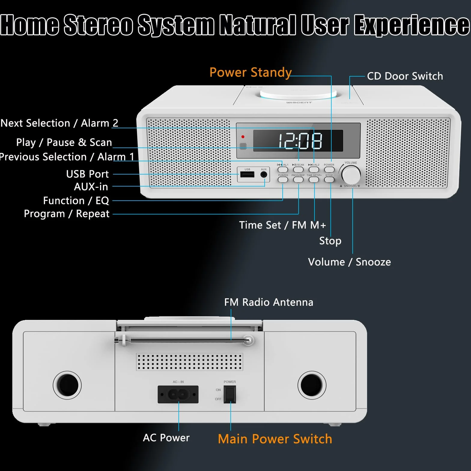 Radio Compatta con Lettore CD, Sistema Audio 20 W RMS, Bluetooth, USB, MP3, AUX, Sveglia Digitale