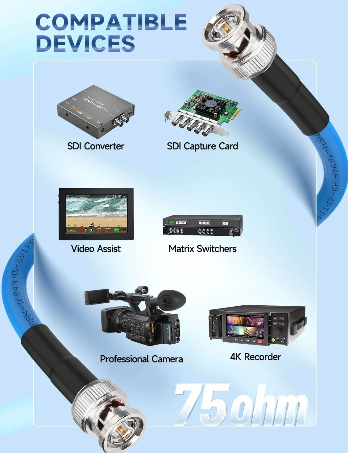 Superbat Cavo SDI 3G/6G/12G 61m Cavo Audio Digitale BNC Maschio a Maschio Belden 1694A 75 Ohm per Telecamere e Attrezzature Video, Supporta HD-SDI/3G-SDI/4K/8K(1 Pezzo)