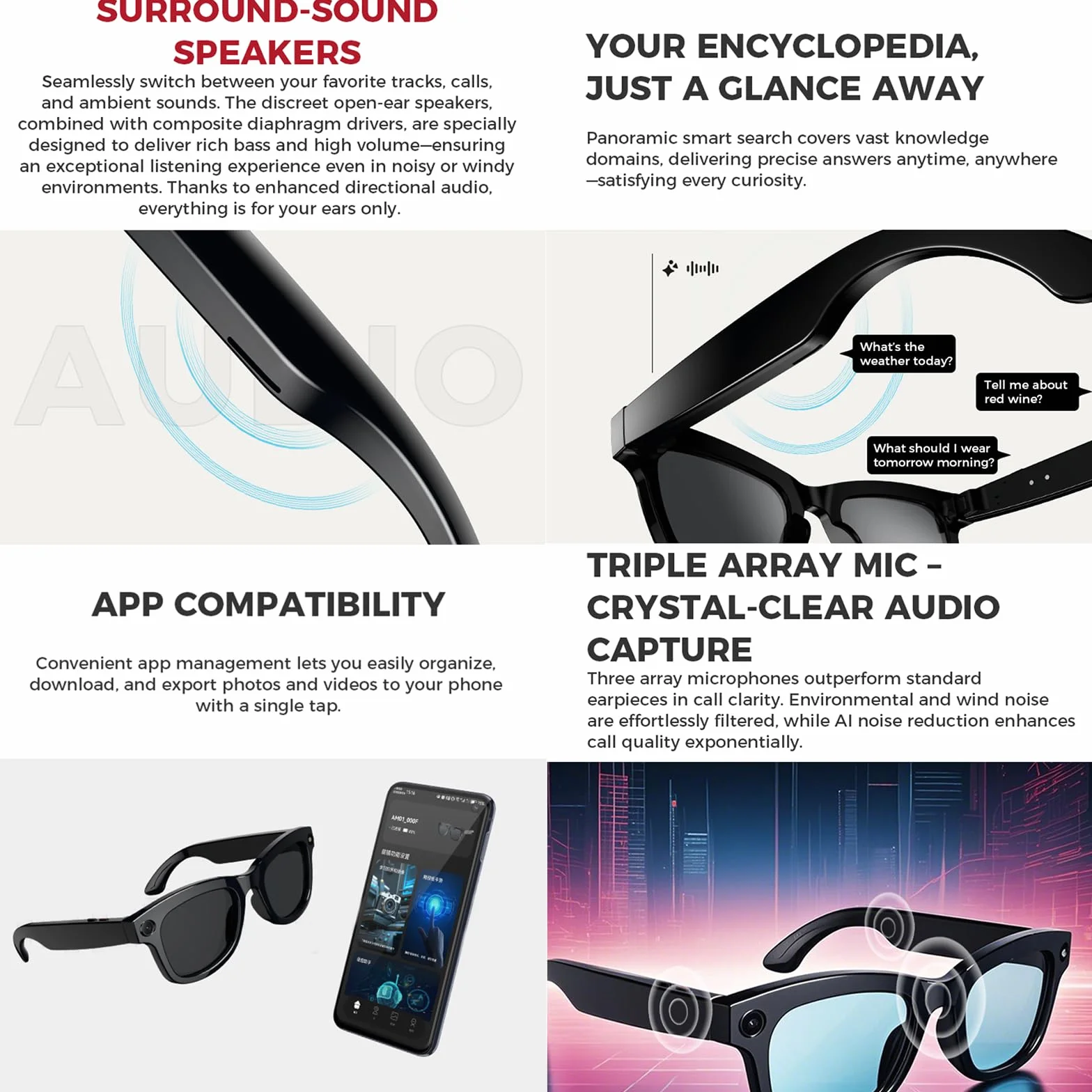 Occhiali intelligenti IA, fotocamera HD da 500 W, controllo vocale, traduzione ChatGPT integrata,Wi-Fi 4.0,Bluetooth 5.3,occhiali da sole intelligenti con riprese in HD, per viaggi,musica e chiamate,A