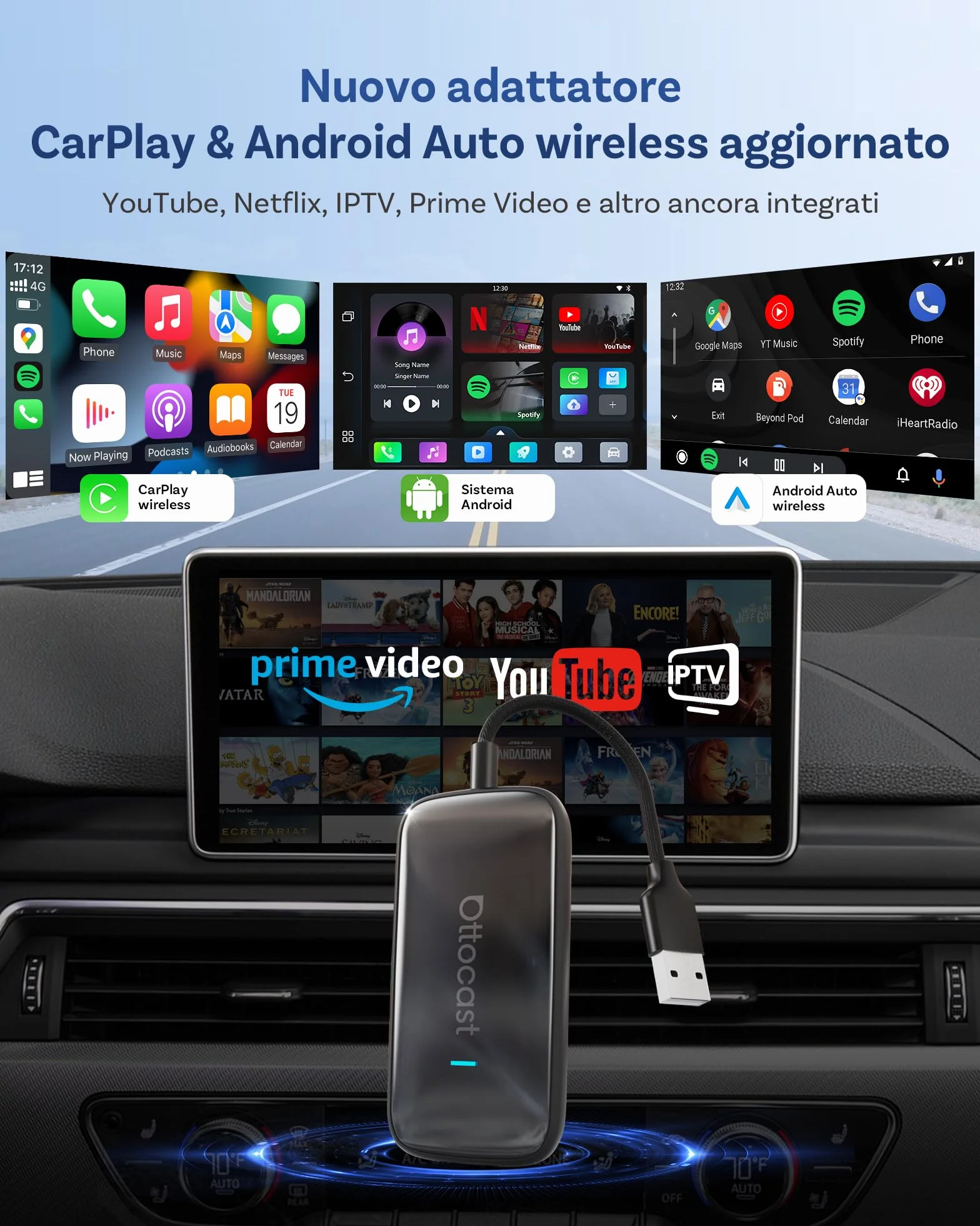 2026 Nuovo OTTOCAST Play2video Ultra, Adattatore CarPlay & Android Auto Wireless con YouTube Netflix, Plug & Play Chip 5G, WiFi6, 4GB+32GB Carplay AI Box per auto con CarPlay cablato dopo il 2016