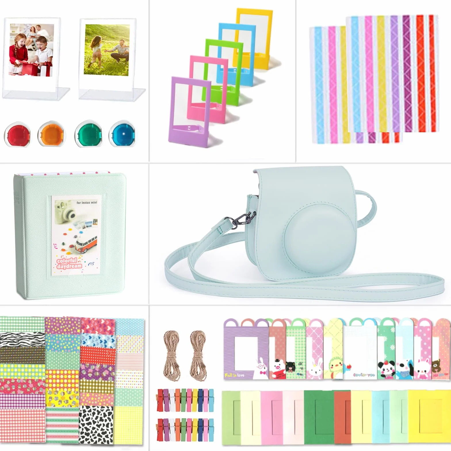 Kit Accessori per Fujifilm Instax Mini 12, Include Custodia Mini 12, Album, Filtri, Cornici da Parete e da Tavolo, Adesivi Decorativi per Bordi e Angoli (Verde Menta)