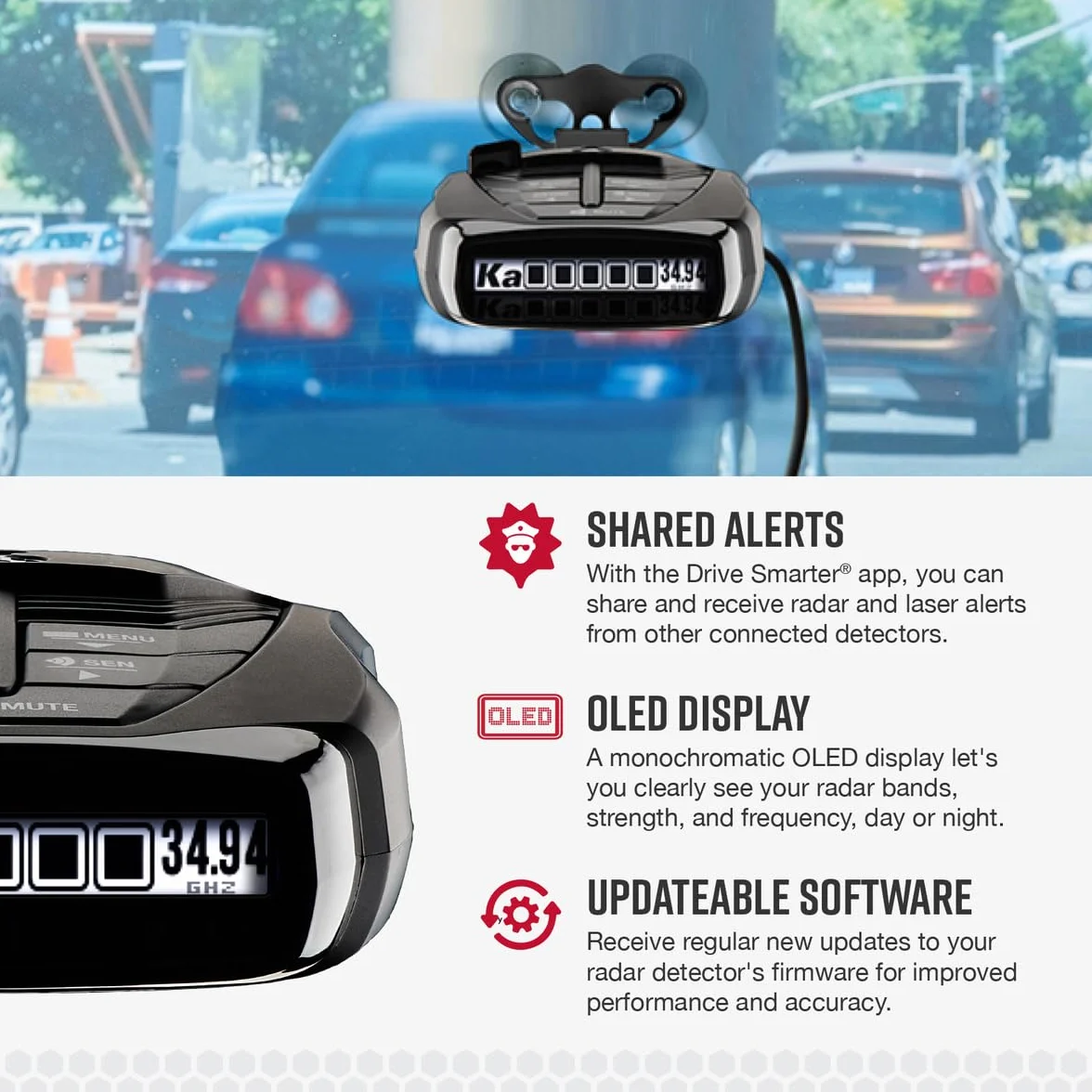 Cobra RAD 480i Laser Radar Detector – Long Range Detection, Bluetooth, iRadar App, LaserEye Front and Rear Detection, Next Gen IVT Filtering, Black