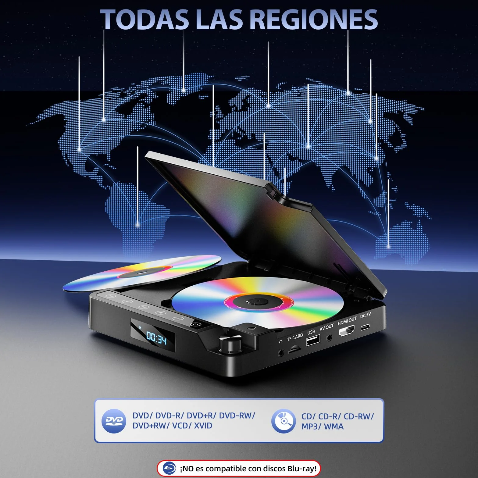 Desobry Lettore DVD per TV 1080P, Lettore DVD HDMI/AV e USB/scheda TF, Mini CD Player supporto PAL/NTSC, dotato di più cavi e telecomando, con funzione di ultima memoria - Nuovo