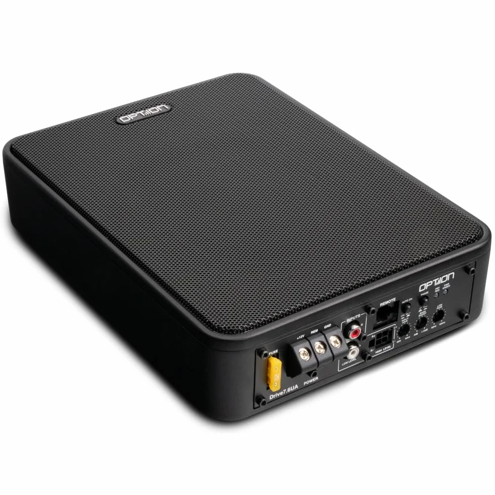 Option Subwoofer attivo DRIVE7.6UA, subwoofer compatto sotto sedile con amplificatore 100 Watt RMS, 30-150 Hz, 3,5 kg