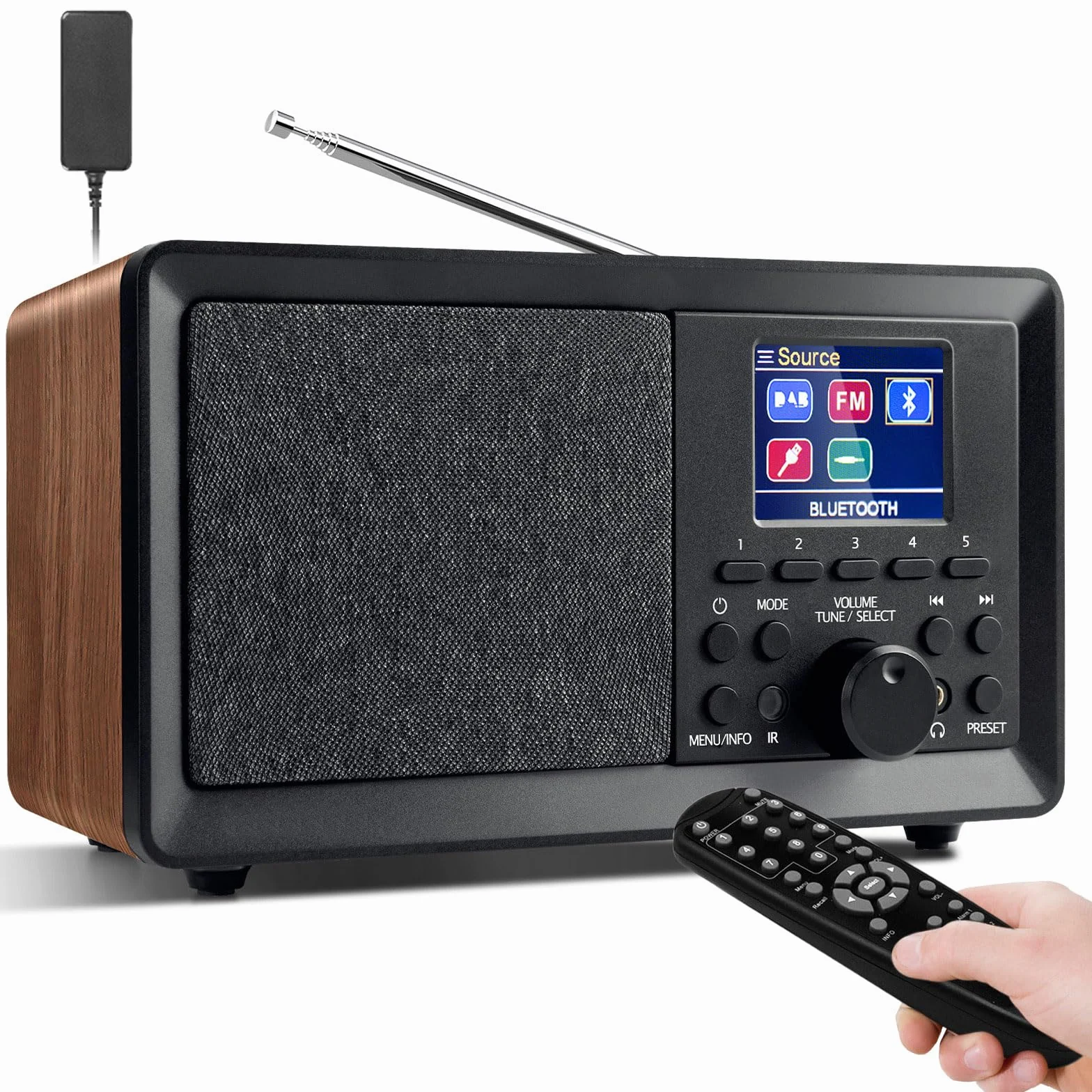 Radio DAB+/FM Bluetooth Telecomando Legno Retrò Cucina Sveglia Doppio Allarme USB AUX