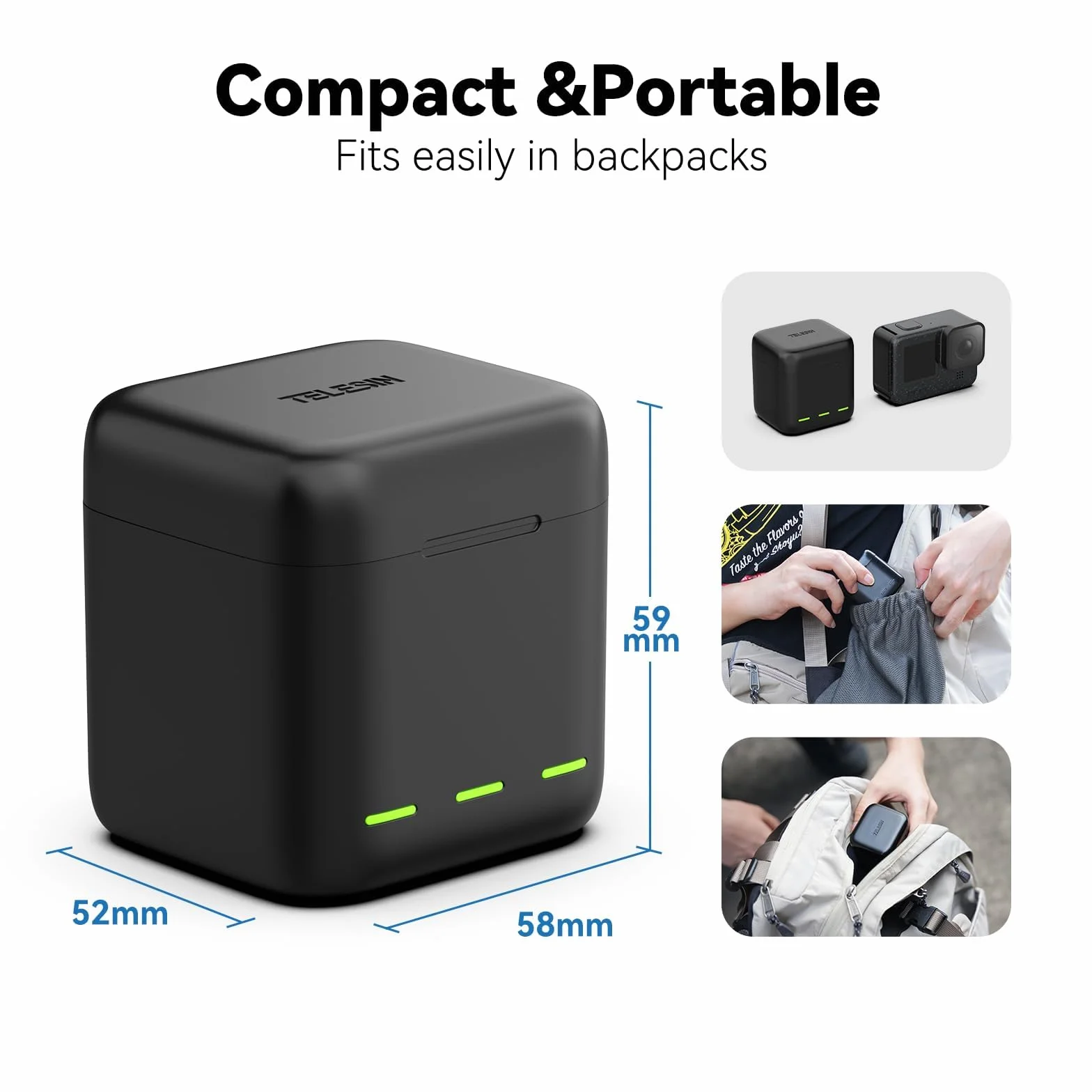 TELESIN Caricabatteria e scatola di immagazzinaggio di batteria tripla a 3 canali con 2 batterie ricaricabili agli ioni di litio per GoPro Hero 12 Hero 11 Hero 10/9 (S0-BCG-04-TGP)