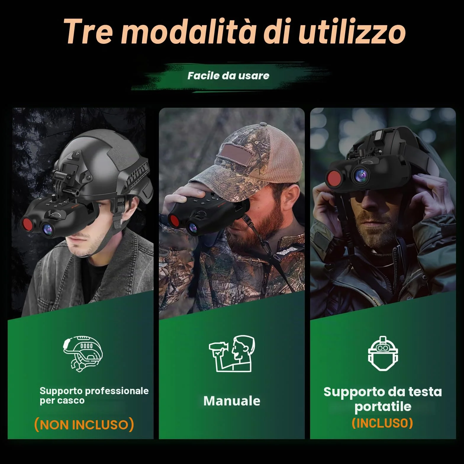 Visori notturni a testa per adulti. Binocolo digitale IR ricaricabile, portata 984 ft, zoom 5X. Mani libere con scheda 16GB TF. Foto/video,Fascia testa regolabile