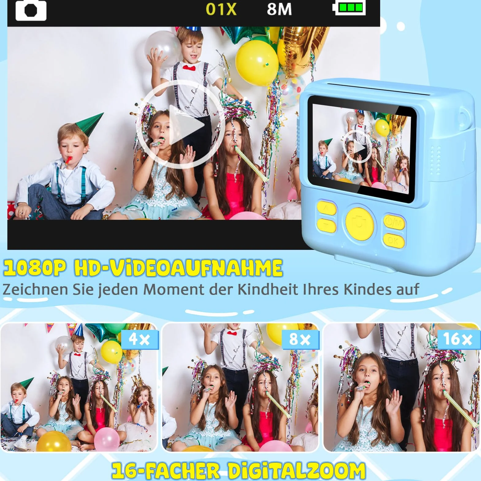 Fotocamera digitale per bambini, con stampa istantanea, 1080P, in bianco e nero, per foto (blu)..