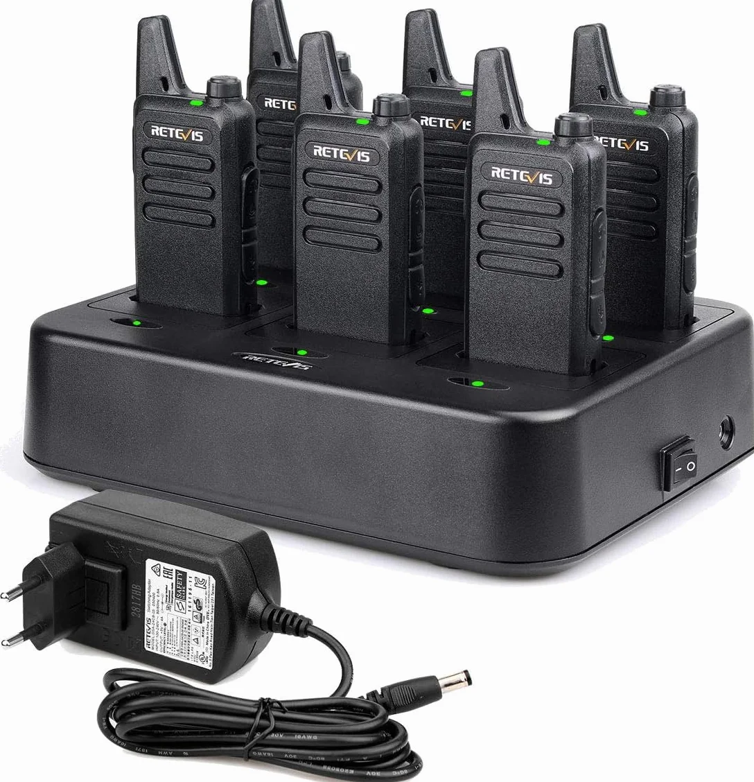 Retevis RT622 Walkie Talkie, Walkie-Talkie Professionali con Caricabatterie a 6 Vie, PMR446, Mini e sottile, VOX, Walkie Talkie Ricaricabili per Scuole, Al Dettaglio, Ristoranti (6 Pezzi, Nero)