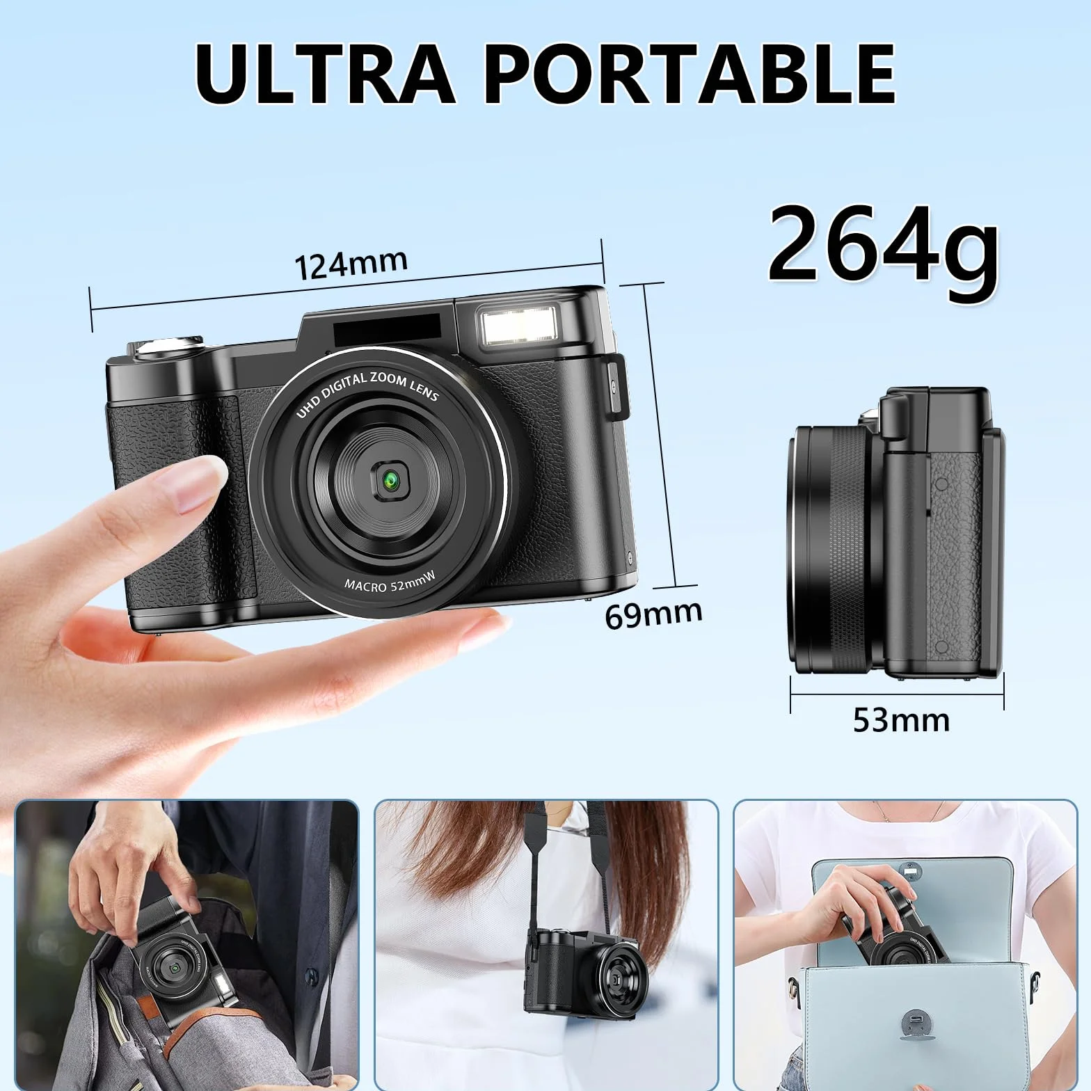 Macchina Fotografica 5K 64MP Zoom Digitale 18X Autofocus Fotocamera Digitale, Schermo IPS 3" Rotante a 180°, Fotocamera per Vlogging con Scheda di Memoria da 32GB,per Principianti (Nero chiaro)