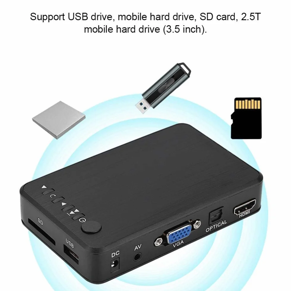 Lettore multimediale 1080P, 1080P HD TV Lettore multimediale audio e video 110 V-240 V con telecomando IR per RM/RMVB/AVI, unità USB e schede SD(VDE,EU Plug)