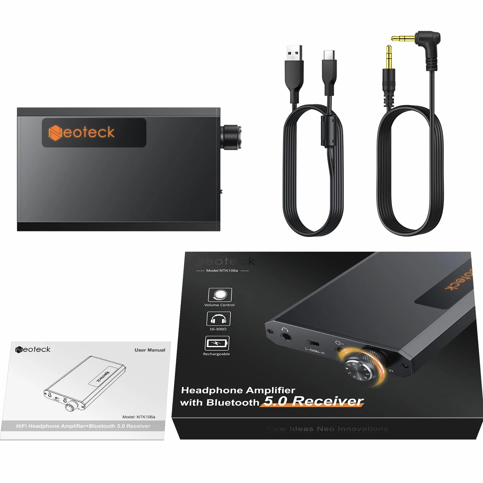 Neoteck 3.5 mm Amplificatore Portatile Cuffie con Ricevitore Bluetooth 5.0 Amplificatore Cuffie 16-300Ω Amplifier Audio Ideale per MP3 MP4 Smartphone Digitale Players Computer
