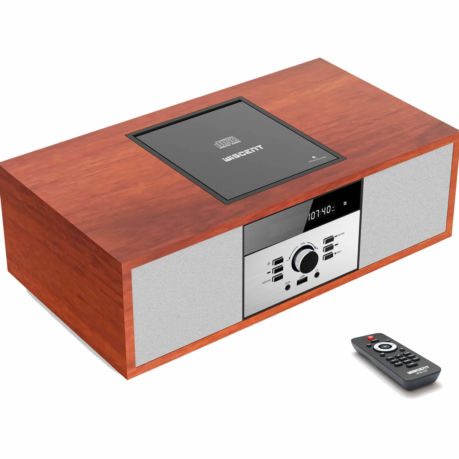 WISCENT Vintage Bluetooth Micro HiFi Systems - Impianto stereo per casa, lettore CD, con streaming audio Bluetooth, radio FM, porta USB, Aux-in, jack per cuffie