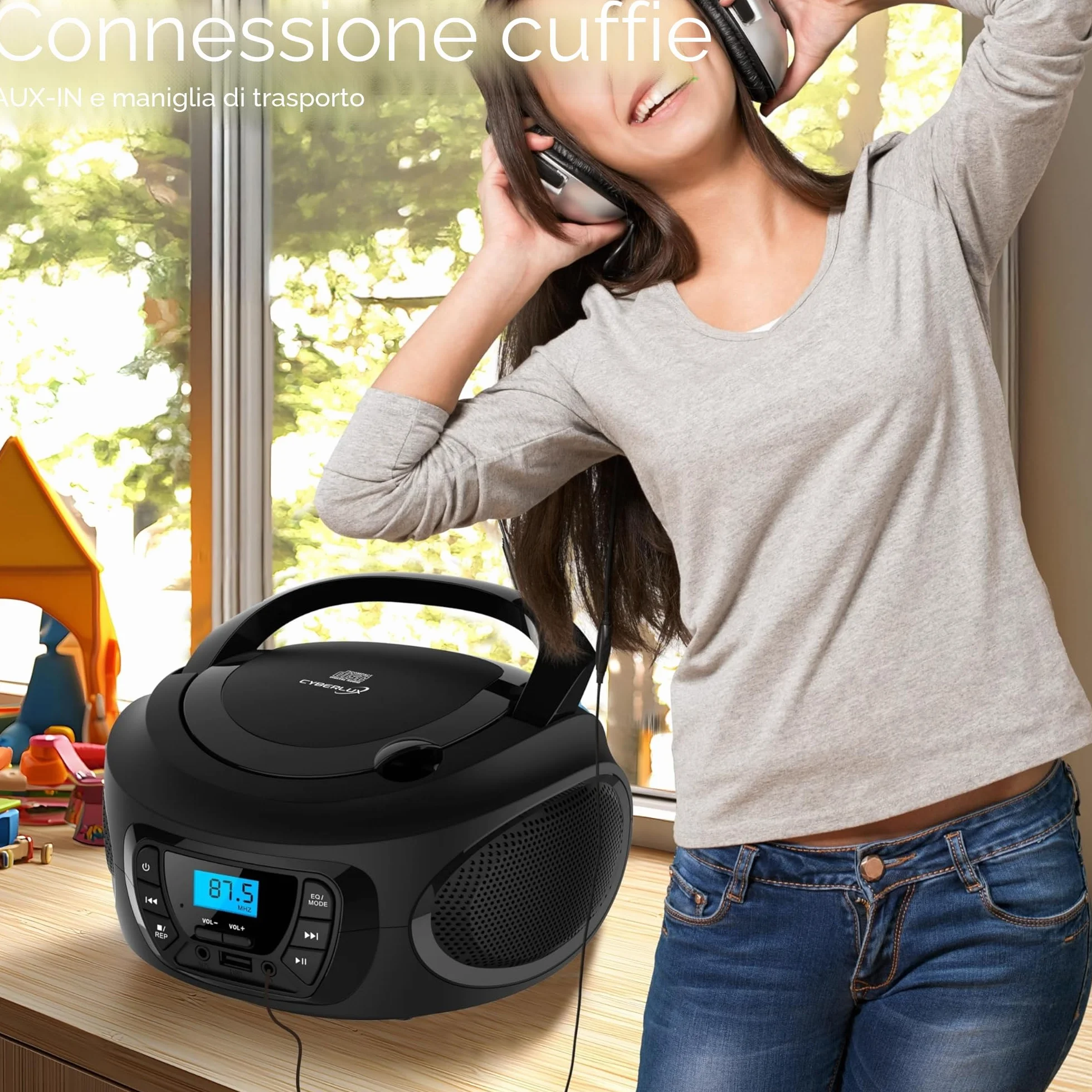Boombox lettore portable CD/CD-R - USB - FM radio - ingresso AUX-IN - uscita cuffie - radio bambini - stereo - sistema compatto