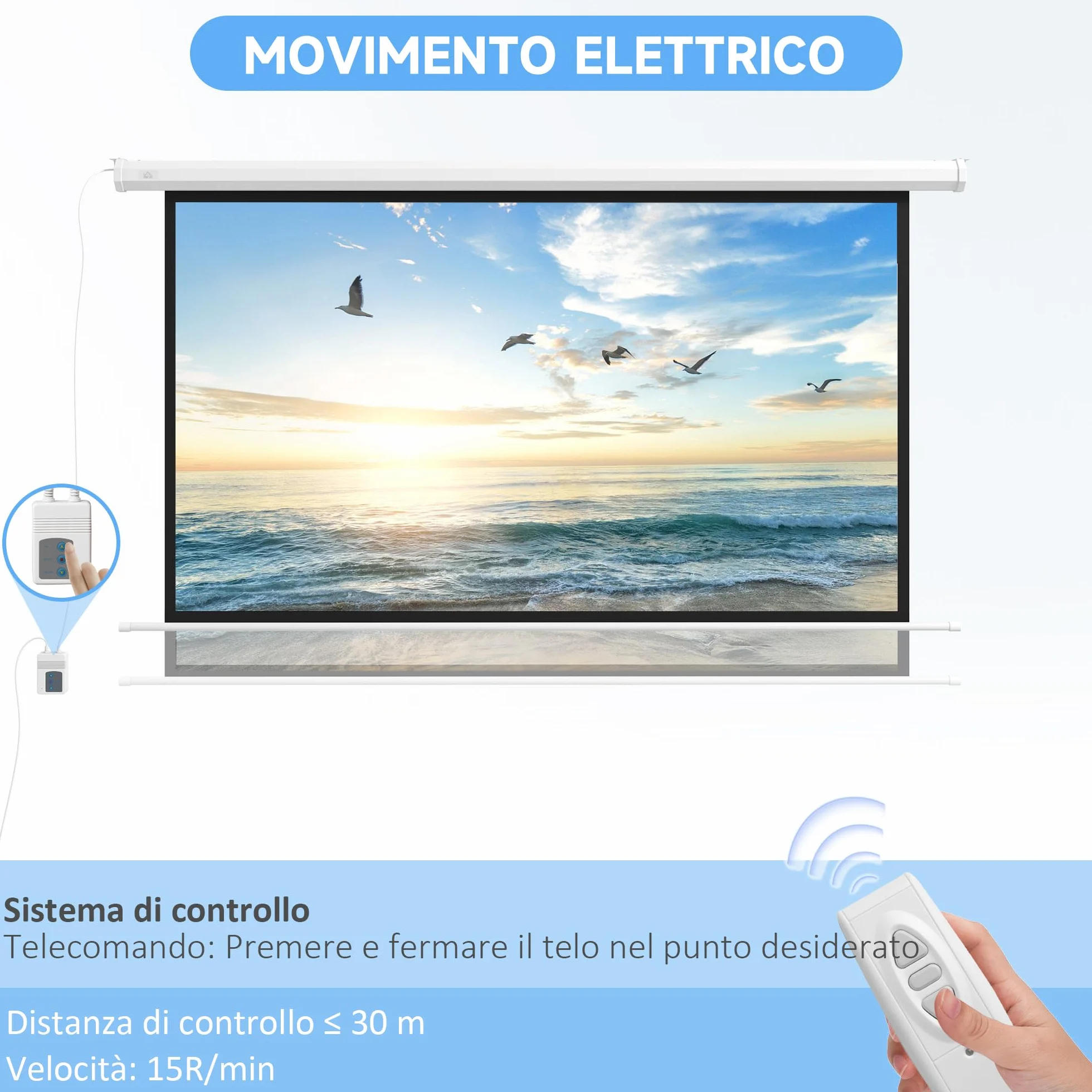 HOMCOM Telo Proiettore Motorizzato da 84 Pollici 4K HD Formato 16:9, Schermo Proiettore Motorizzato Elettrico con Telecomando, Telo Videoproiettore per Casa, Cinema, Ufficio, Home, 215x140 cm, Bianco