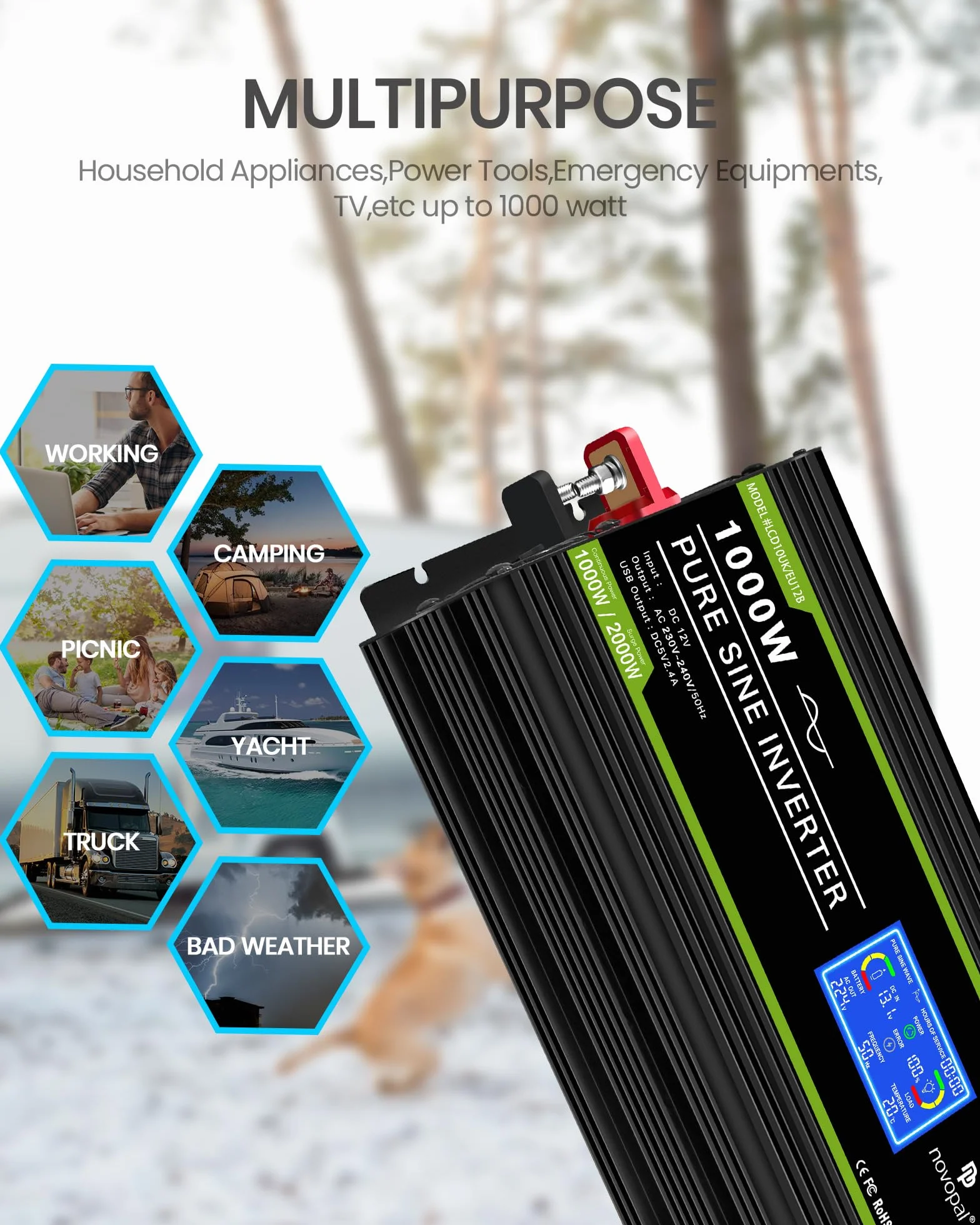 NOVOPAL 1000W Pure Sine Wave Power Inverter DC 12V to AC 220V with LCD Display USB EU Plug Remote Control for Truck Camper Car