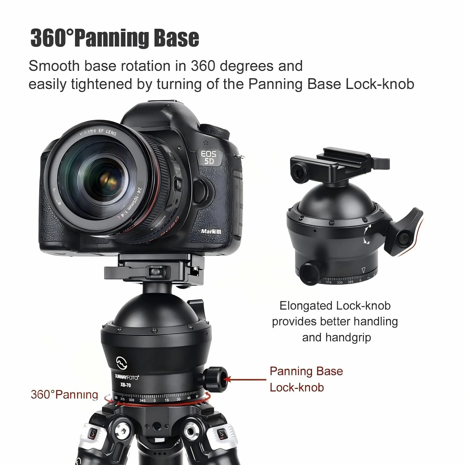 SUNWAYFOTO Testa a sfera XB-70 70 mm per treppiede da caccia, carico 40 kg