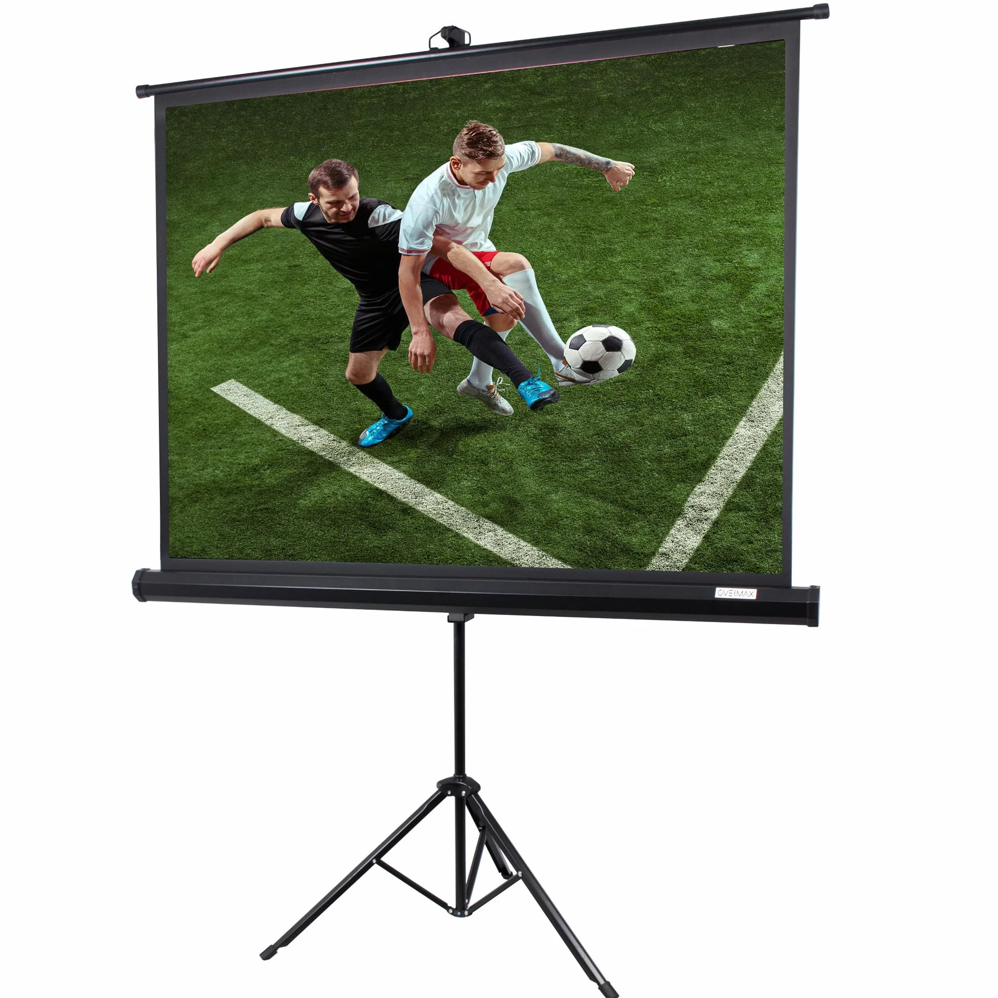 OVERMAX Tripod Screen 60" Pollici Schermo proiettore con supporto 116 x 87cm, Tela bianca opaca, Treppiede regolazione dell'altezza, Meccanismo di Chiusura Schermo a Molla, Realistica dei colori