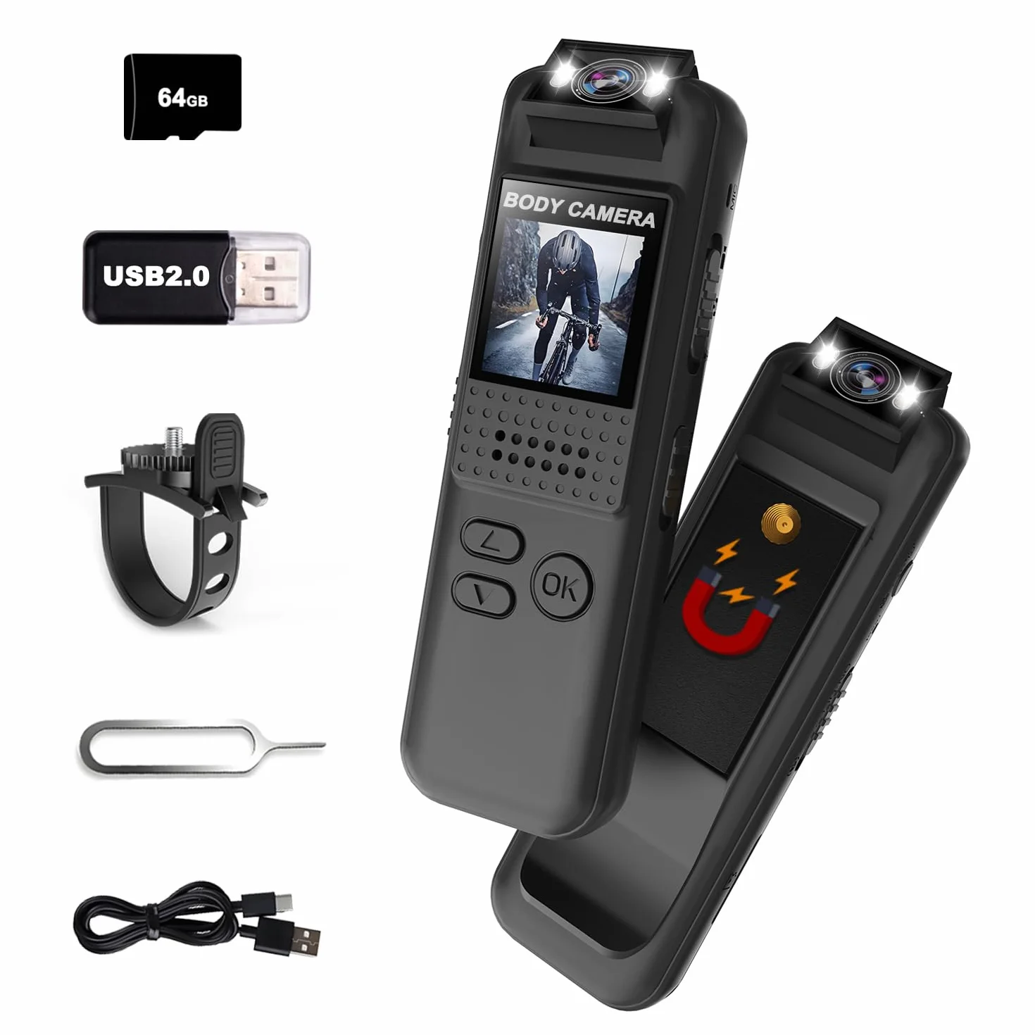 Bodycam, 1080P Full HD Action Cam con Scheda TF 64GB, Bodycam Polizia Professionale, Clip Magnetica e Supporto Bici, Archiviazione Loop, lunga durata della batteria, Telecamera Moto per Sport/Viaggi