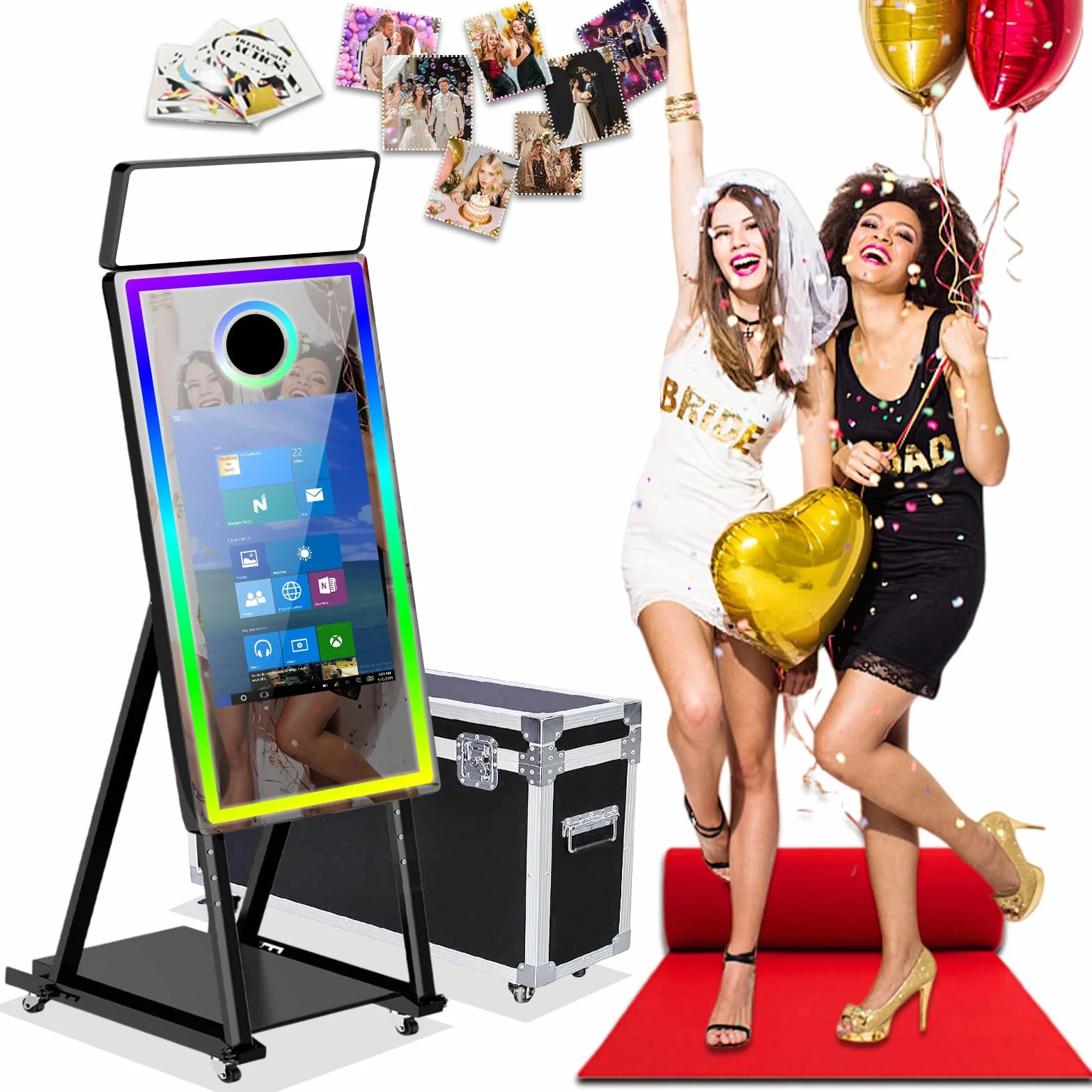 Macchina fotografica a specchio da 101,6 cm con touch screen interattivo da 21,5", con custodia da viaggio, mini PC integrato con stampa istantanea e condivisione per Natale, matrimoni, eventi, feste