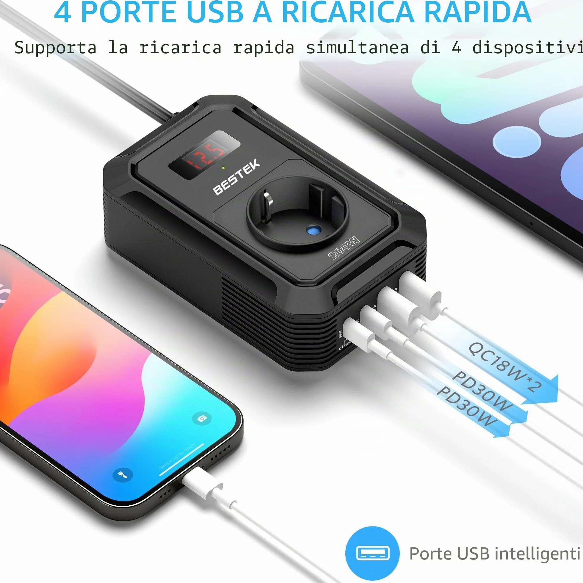 BESTEK 200W Inverter 12v 220v 230V 240V Onda Pura,Inverter Auto con Prese AC 2 USB-C (2*PD 30 W) 2 USB-QC (18 W),Convertitore Potenza per Camper/Barca a Onda Sinusoidale Modificata（Nera）