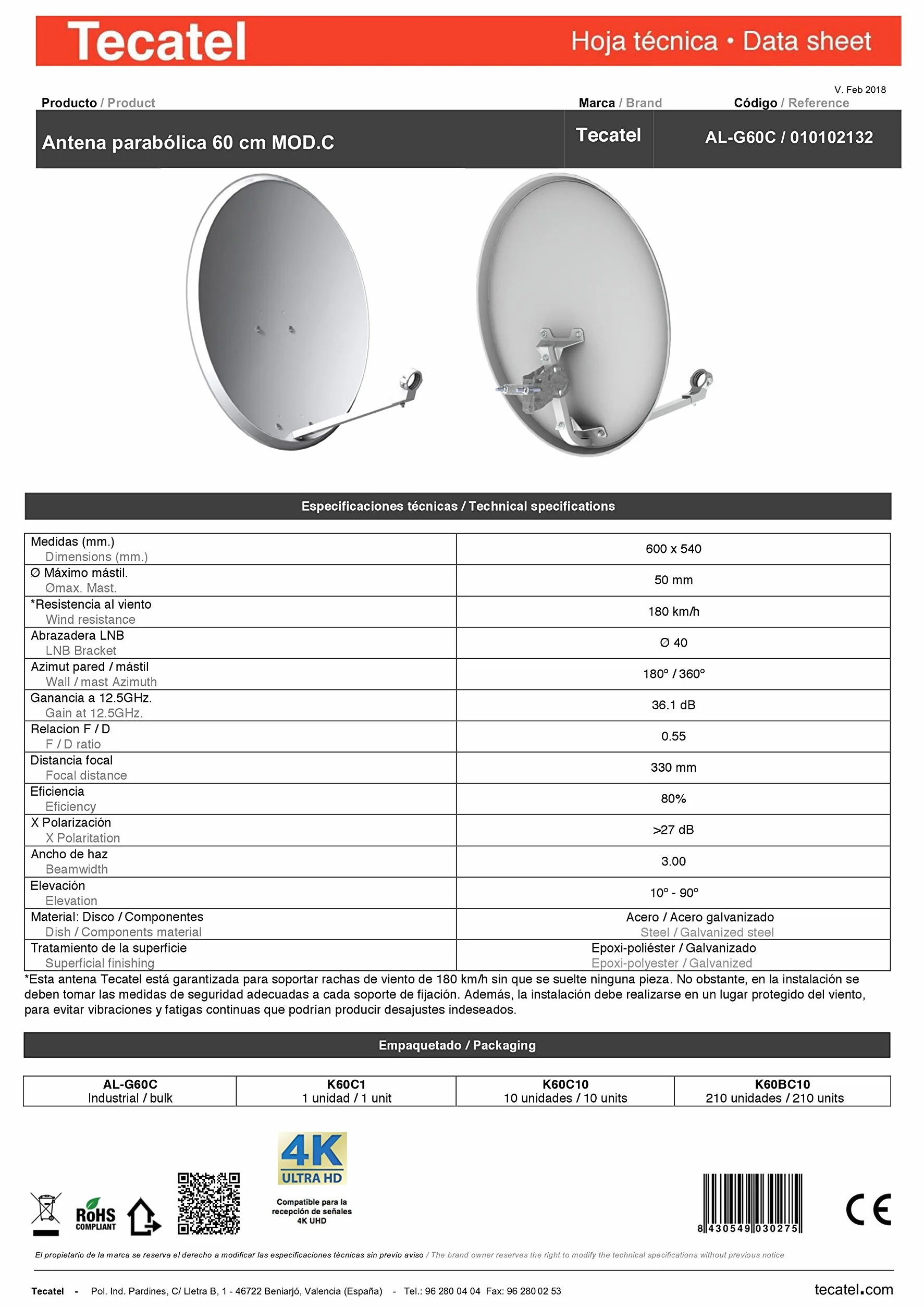 Kit antenna satellitare 60 cm + LNB + Supporto + cavo + connettori