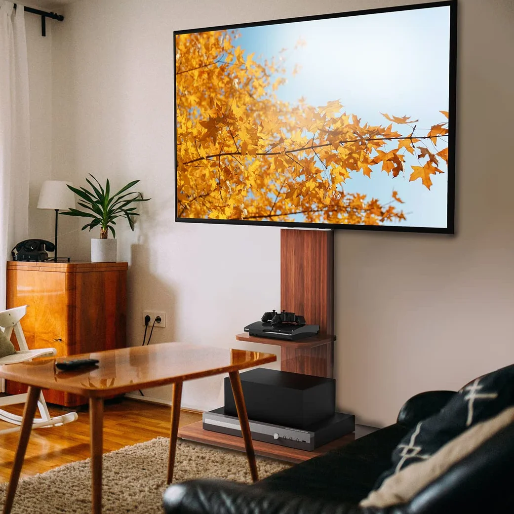 UNHO Supporto TV da Pavimento: Porta TV da Terra per Schermo 32-65 Pollici LED LCD Piedistallo TV con Staffa, 2 Ripiani in legno, Max VESA 600x400 mm, Fino a 40 kg