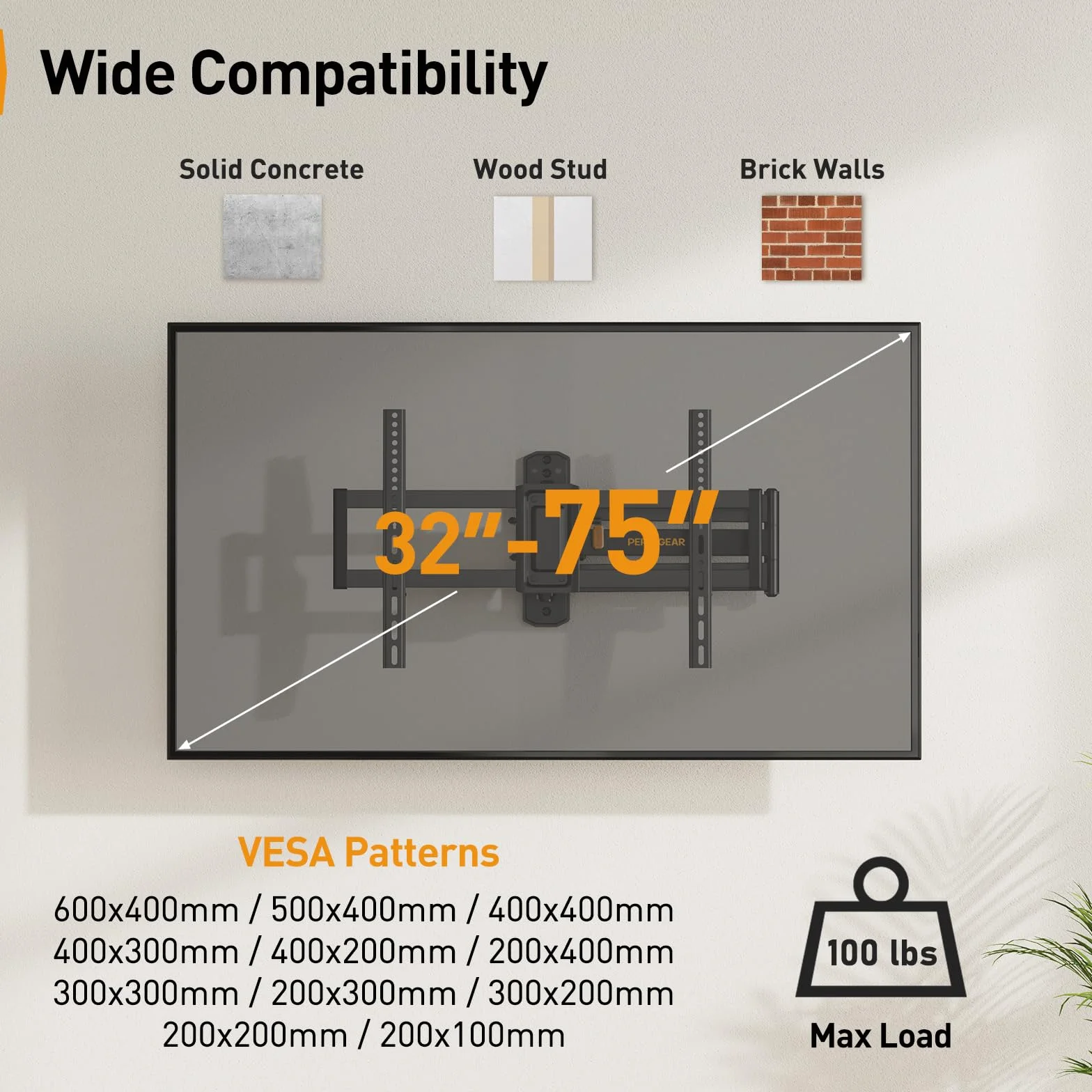 Perlegear Supporto TV Parete Braccio Extra Lungo 822mm 32-75 Pollici 45 kg Girevole Inclinabile Orientabile VESA 600x400mm