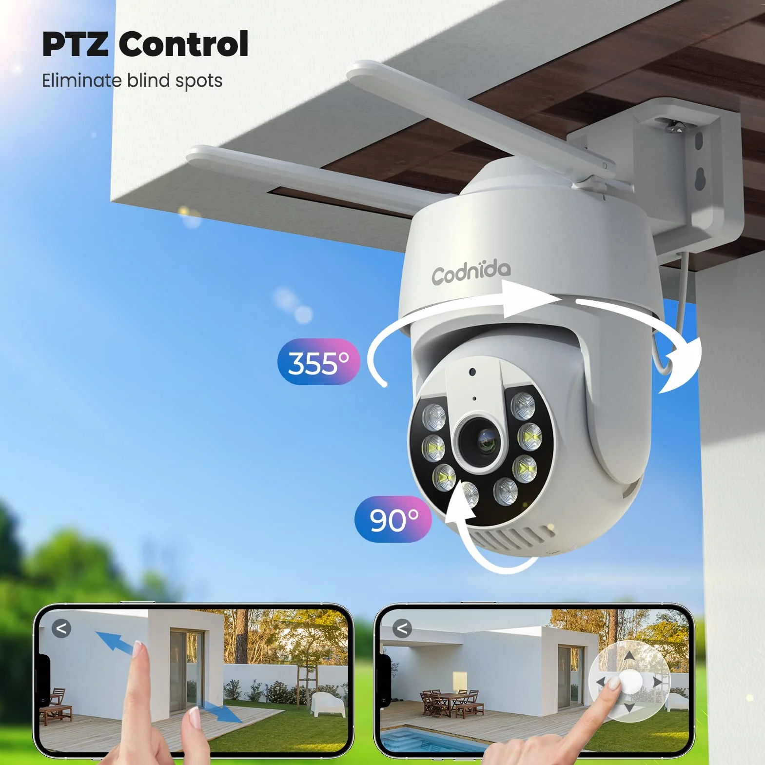 2K Telecamera Wi-Fi Esterno con vista a 360°, Codnida 3MP Videocamera Sorveglianza con fili PTZ Telecamera con Visione Notturna, Tracciamento Automatico del Movimento,Allarme Sonoro e Luminoso