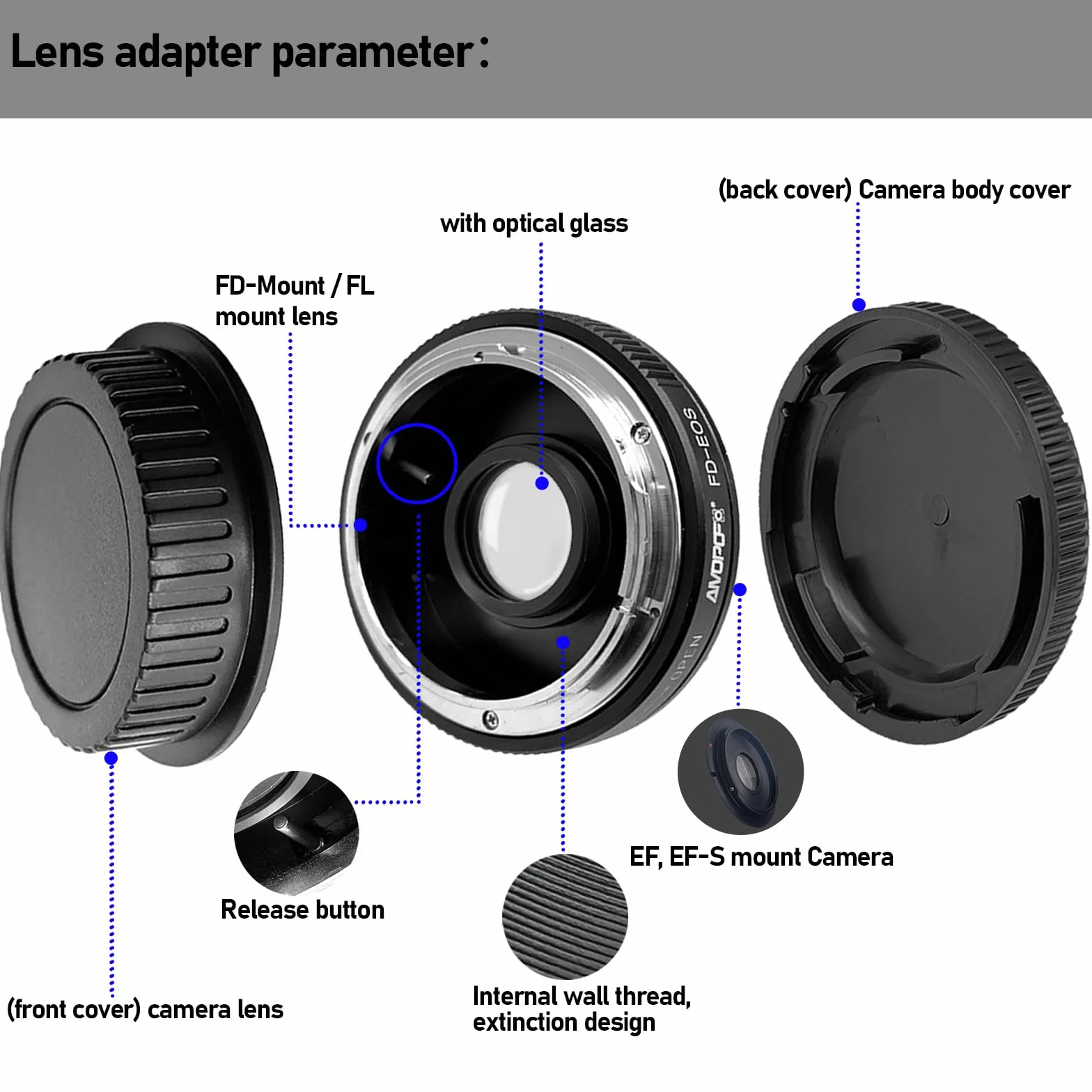 FD-EOS Adattatore per obiettivo per obiettivo Canon (FD/FL), compatibile con fotocamera EOS EF-S Mount 7D,10D,20D,30D, 40D,50D,60D, Rebel xt,T2i,T3,T3i,T4,400D,450D,1300D