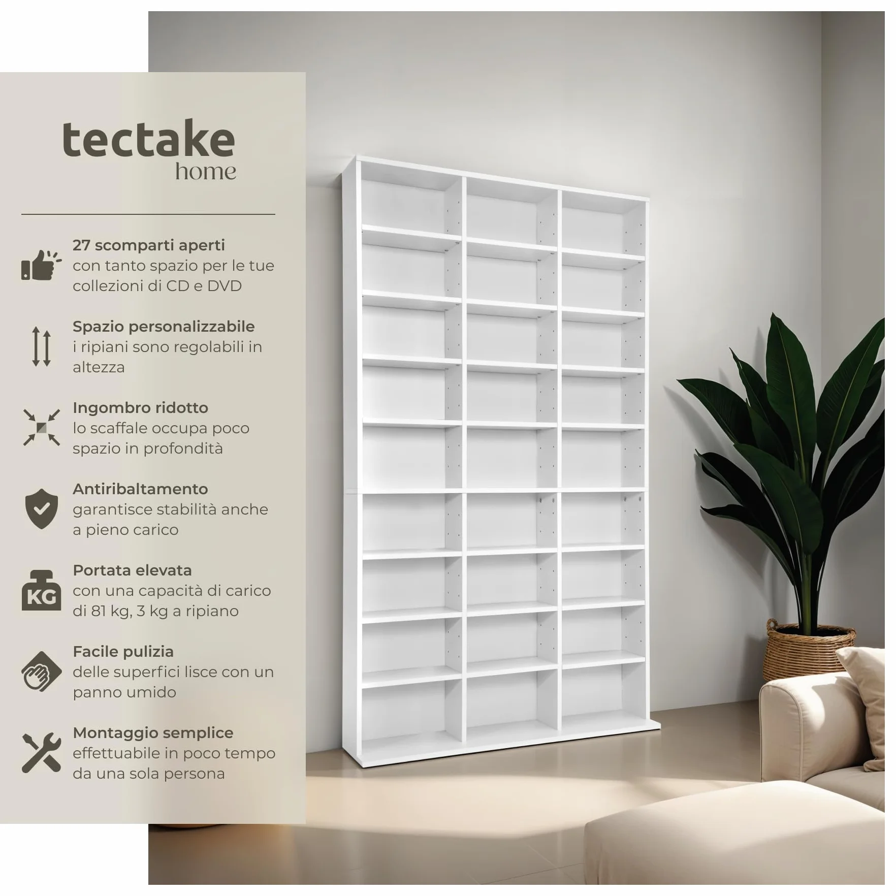 tectake® Scaffale Porta CD DVD Archiviazione 1080 CD, Supporto di Archiviazione, 27 Piani, Facile da Montare, Materiale MDF con Rivestimento Plastico, Dimensioni 180x102x23,5 cm, Peso 34 kg - Bianco