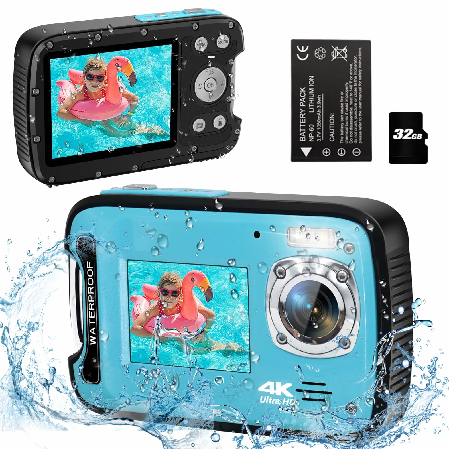 Fotocamera subacquea, 4K 48 MP, fotocamera impermeabile per snorkeling, fotocamera digitale a doppio schermo con messa a fuoco automatica con scheda da 32 GB, zoom 18x, fotocamera compatta
