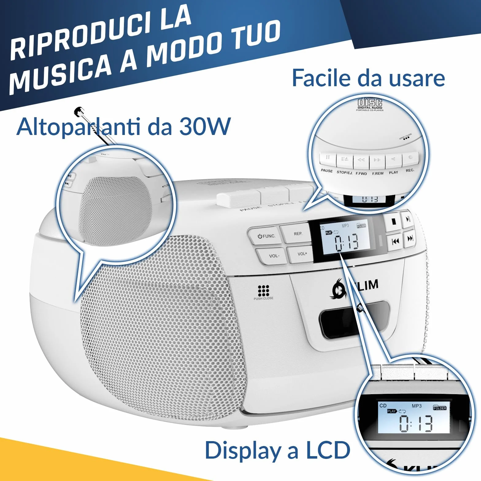 KLIM Lettore CD - Lettore Cassette Audio, AM/FM Radio Bluetooth, Stereo CD Player, Remota, Registrazione Su Nastro, USB Drive, AUX, Radio Stereo Casa Alimentazione AC/DC - Bianco