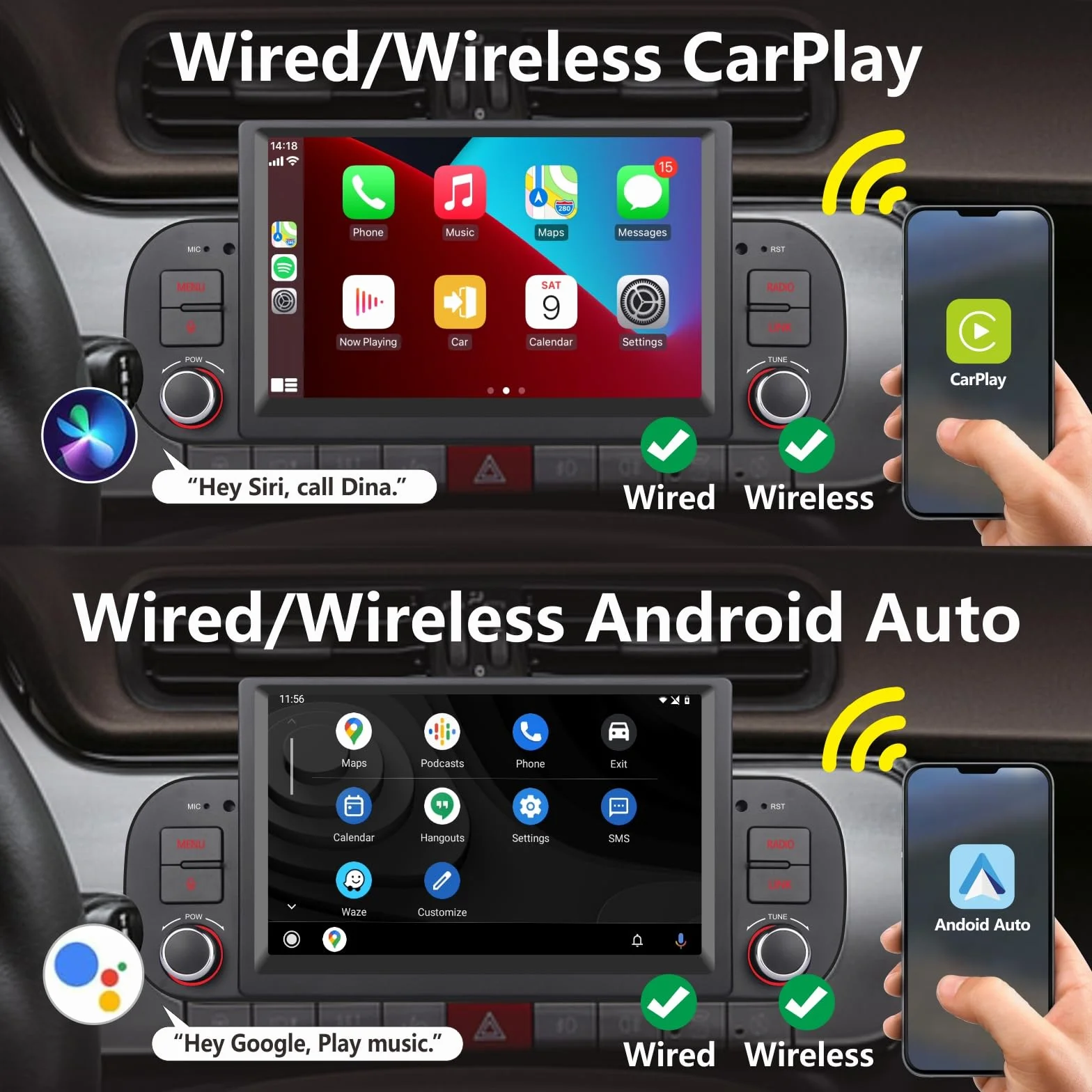Autoradio doppio DIN per FIAT Panda 2013-2020 Apple Wireless Carplay e Android Auto Voice Control con display touch IPS da 7 pollici/Bluetooth/FM/AM/USB/EQ
