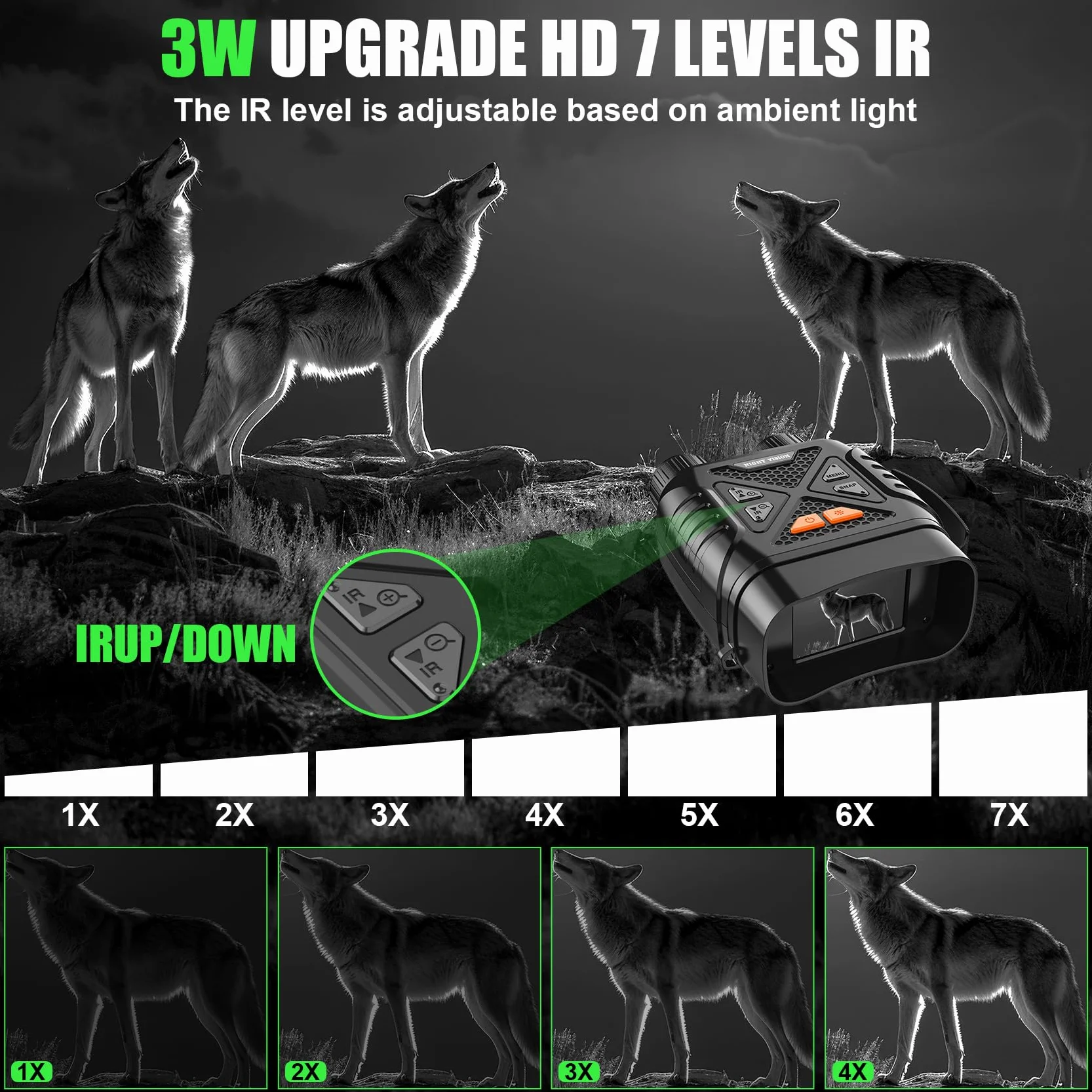 GlobalCrown Visore Notturno binocolo visione notturna,Binocolo infrarossi con zoom 10x e scheda 32GB per foto e video,Cannocchiale per l'osservazione della fauna selvatica,caccia e pesca notturna