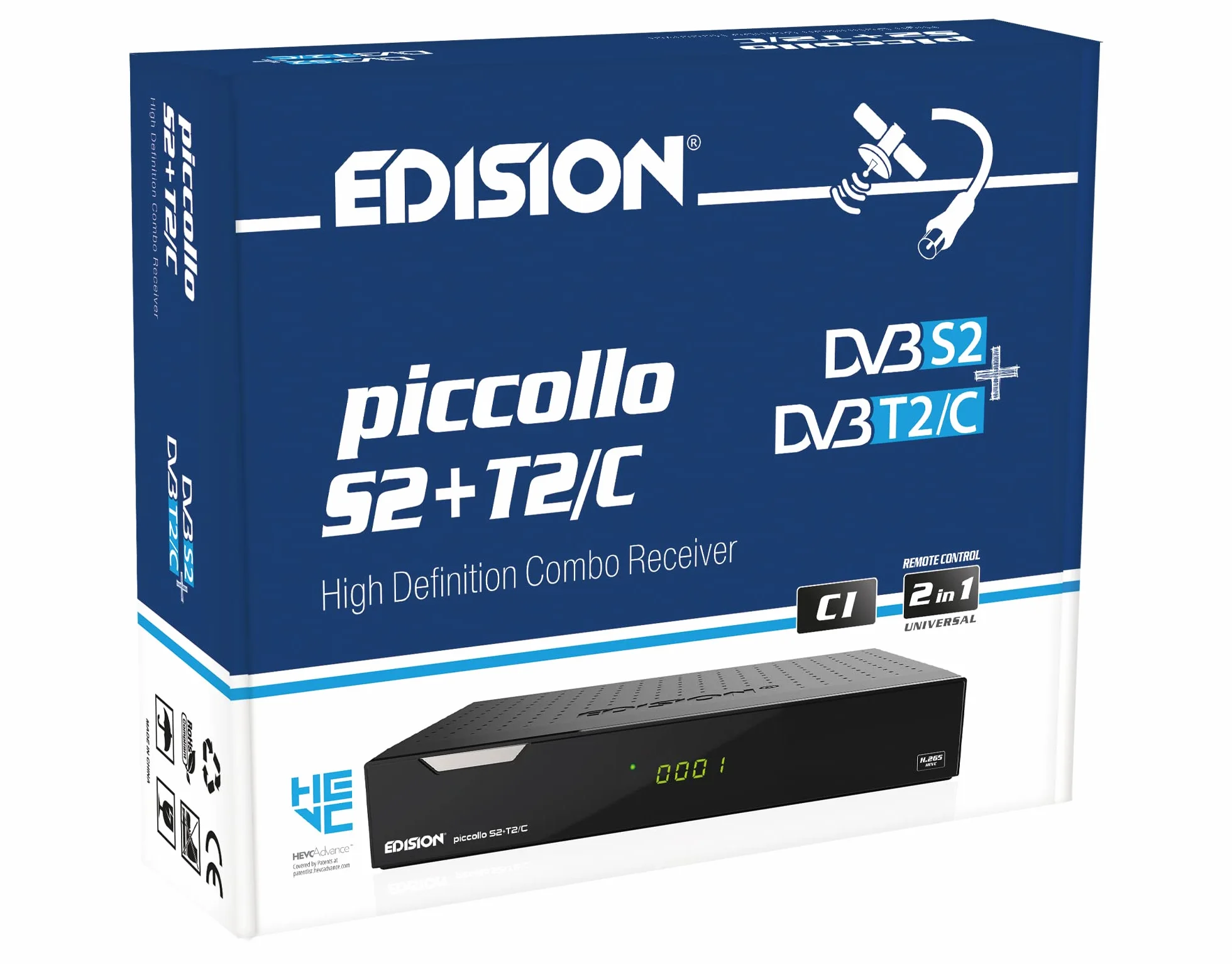 EDISION PICCOLLO S2+T2/C Decoder Combo HD, Ricevitore Digitale satellitare e terrestre Full HD DVB-S2 DVB-T2 DVB-C H265 HEVC, 2xUSB, HDMI, RCA, LAN, CI, Supporto USB WiFi, Telecomando Universale 2in1