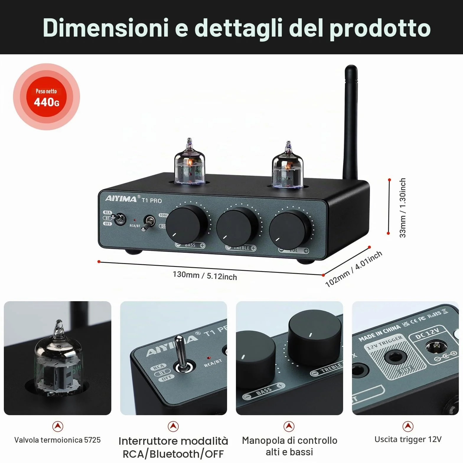 AIYIMA T1PRO Preamplificatore Tubo Audio Domestico Bluetooth 5.1 QCC3040 APTX-HD Regolatori Bassi Uscita Trigger