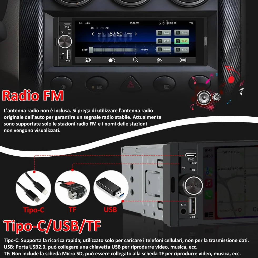 Autoradio 1 DIN con schermo Wireless CarPlay e Android Auto FM Bluetooth AUX Tipo-C Telecamera posteriore