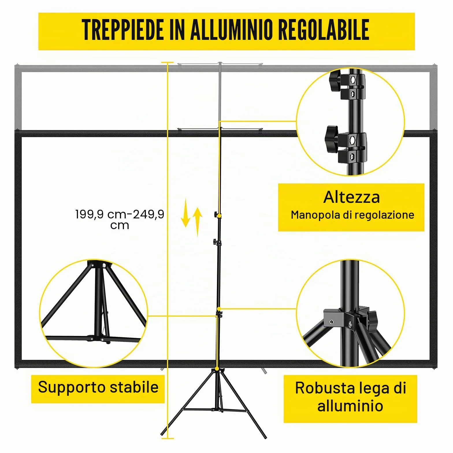 VEVOR Schermo Cinematografico per Esterni, 254cm, HD 16:9 Schermo del Proiettore Portatile con Supporto Treppiede in Alluminio, Grandangolo di 160 Gradi, per Casa, Cattedrale, Bianco