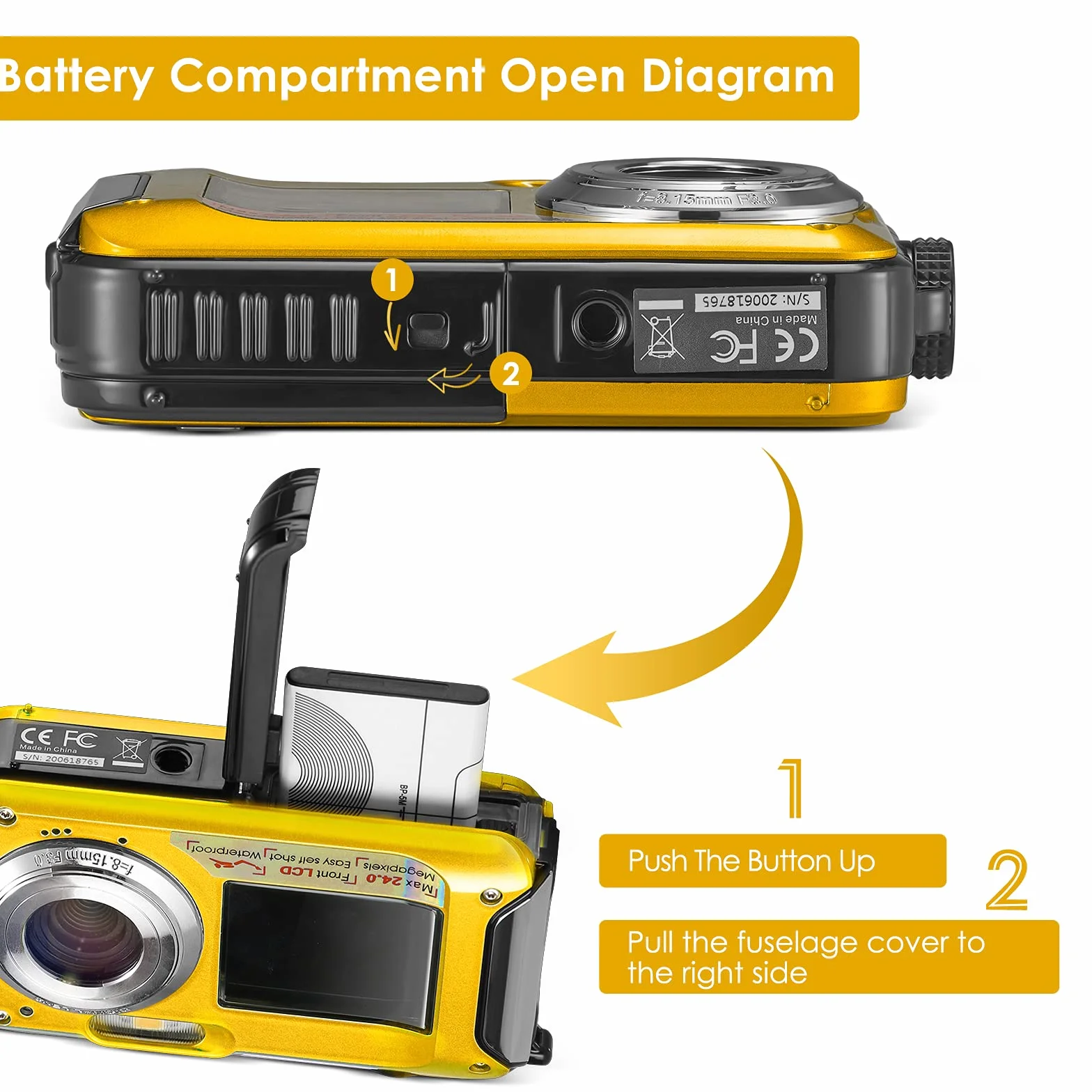 Aomdom Macchina Fotografica Subacquea, Full HD 2.7K 24MP Fotocamera Subacquea Digitale Zoom Digitale 16X Macchina Fotografica Subacquea Bambini Doppio Schermo giallo