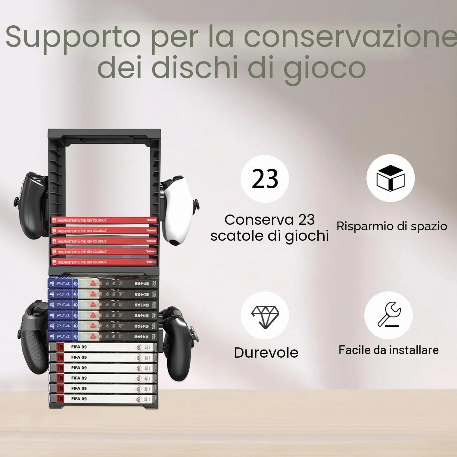 Torre di archiviazione universale per gioco e dischi Blu-Ray, scaffale per PS5/PS4/Xbox Series X/Xbox One/NS, con 24 gioco e 4 supporti per controller