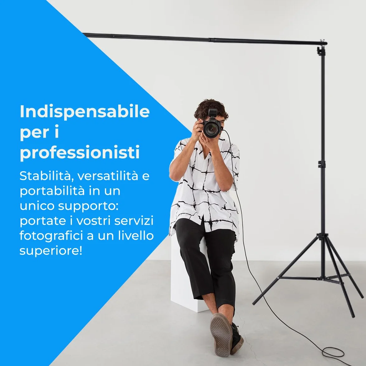 Supporto per fondale fotografico professionale NK 2 x 3 metri, regolabile e retrattile, 2x treppiede, 1x barra trasversale interconnessa, 6x mollette, 4x fascette laterali in velcro, 1x borsa