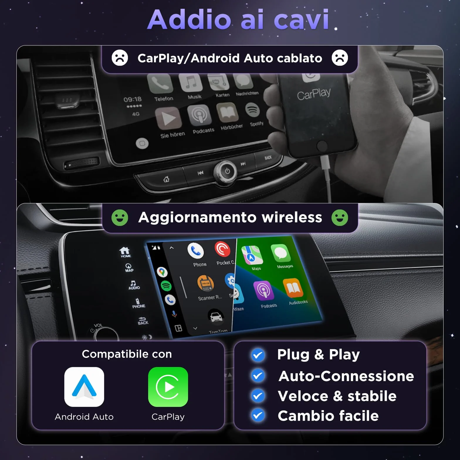 MSXTTLY Adattatore Wireless CarPlay e Android Auto U2AC-01, Converte CarPlay/Android Auto Cablato in Wireless, compatibile con iPhone 17/16/15/14/13/12 R e Android 11+, USB-C/USB-A, Nero