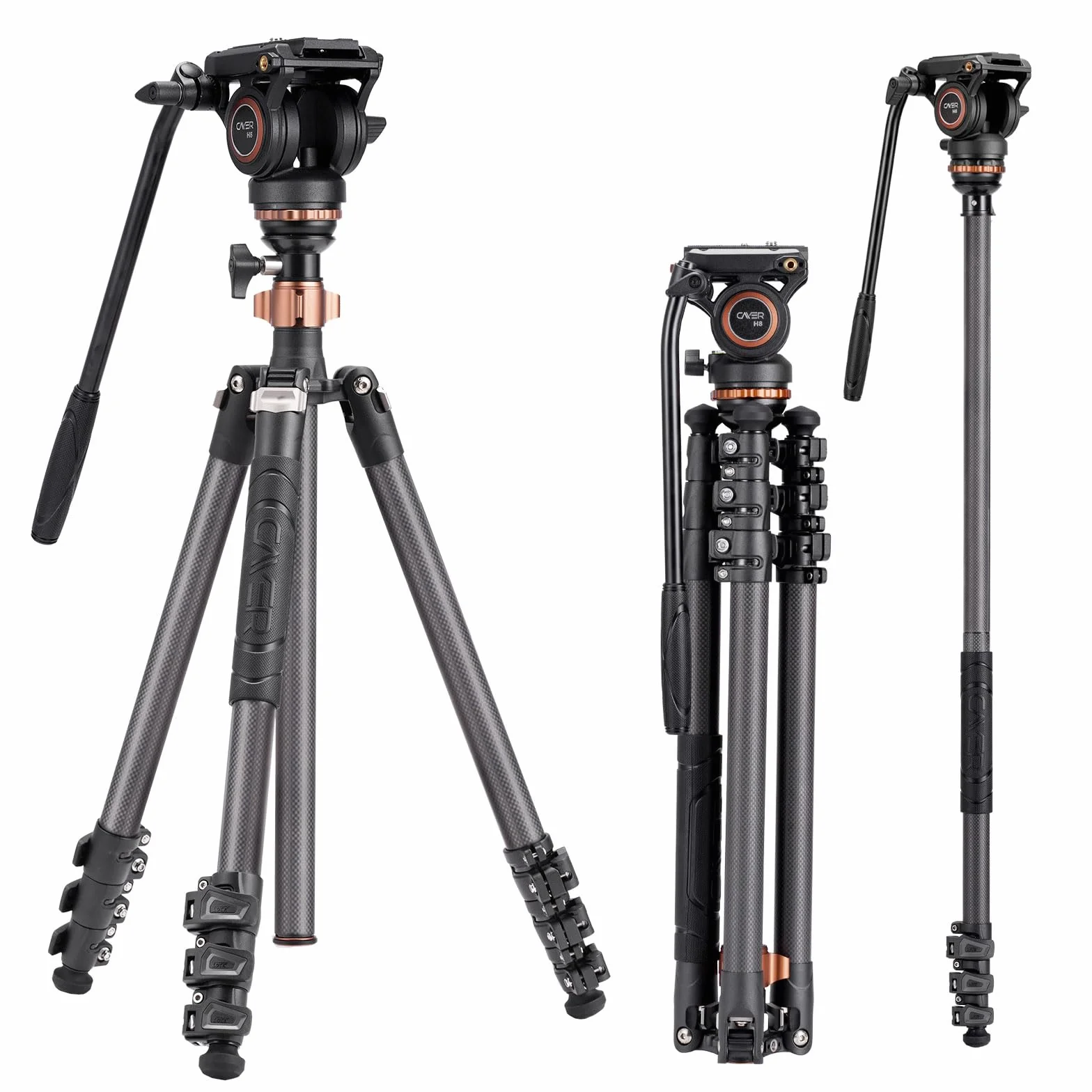 Cayer CF2451 Treppiede video in fibra di carbonio da 67 pollici con testina di trascinamento fluido, treppiede DSLR compatto a 4 sezioni convertibile in monopiede, per fotocamera DSLR Canon Nikon Sony