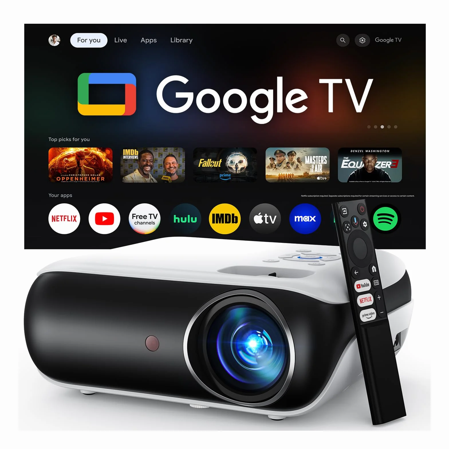 【Google TV/Assistente Vocale/Dolby】Proiettore 4K, HAPPRUN 1000 ANSI 1080P Full HD Smart Videoproiettore con Netflix/Disney+ Ufficiale, WiFi6 e Bluetooth 5.2 per Home Cinema Esterno
