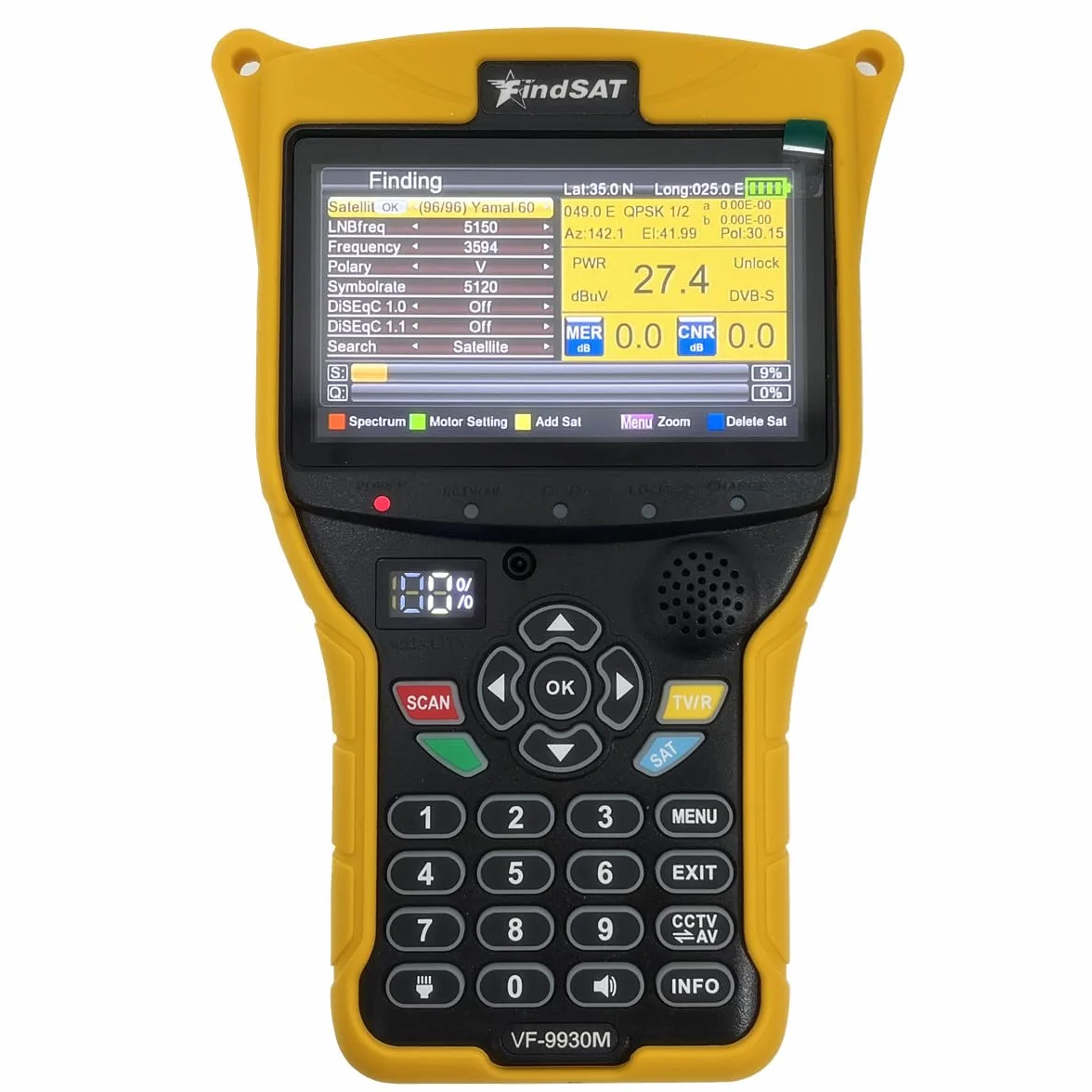 VF-9930 Max Full HD 1080P Misuratore di segnale satellitare digitale Supporto DVB-S/S2 DVB-T/T2/C Combo Ricevitore TV Analizzatore di spettro MPEG2 e MPEG4 e H.264 e HEVC H.265 (10 Bit)