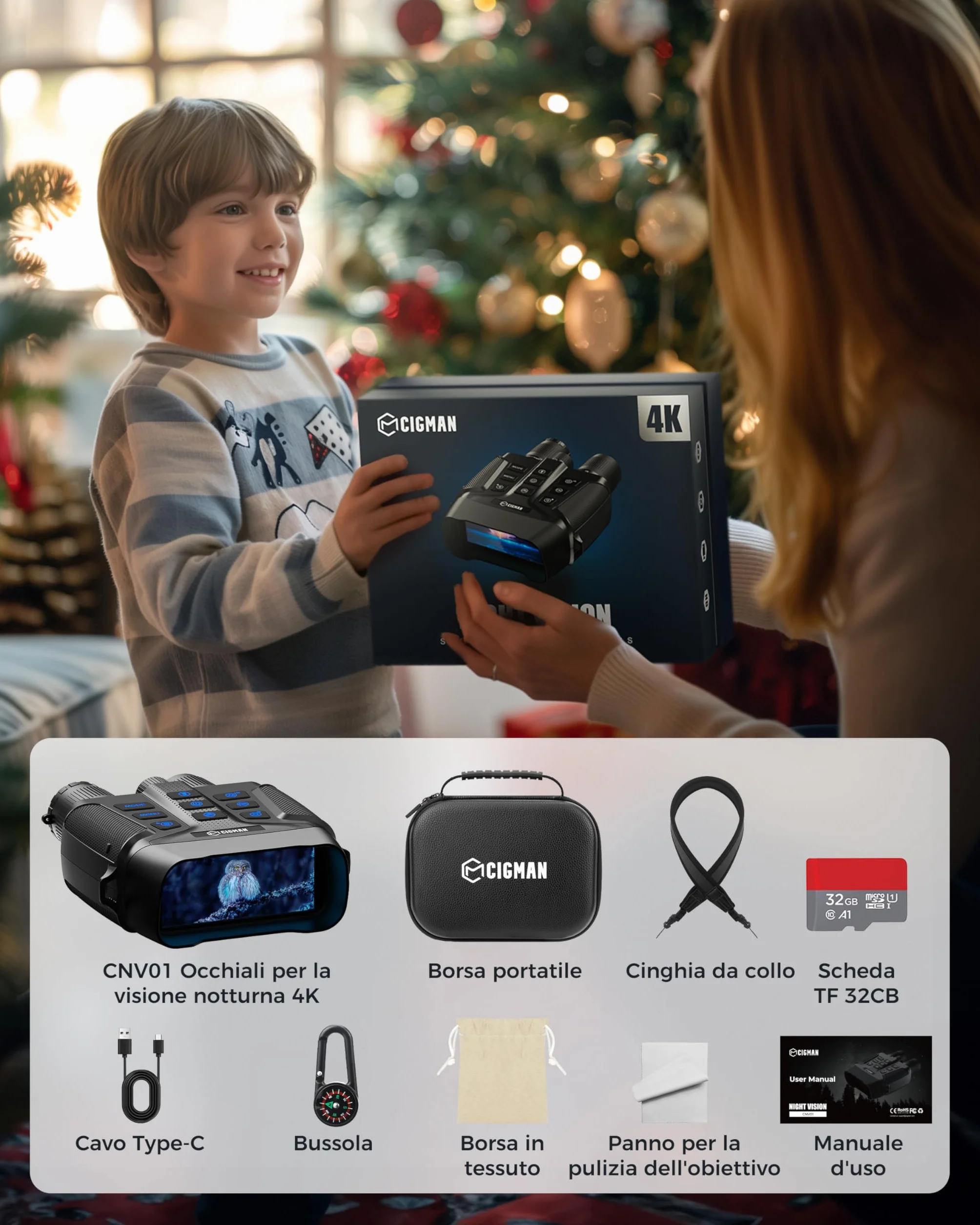 Visore Notturno, CIGMAN 4K Binocolo Visore Notturno con Portata di 1490FT/600M, 58MP HD Visione Notturna Ricaricabile con Zoom Digital 5X, con Torcia Elettrica, per la Caccia, Birdwatching, Campeggio