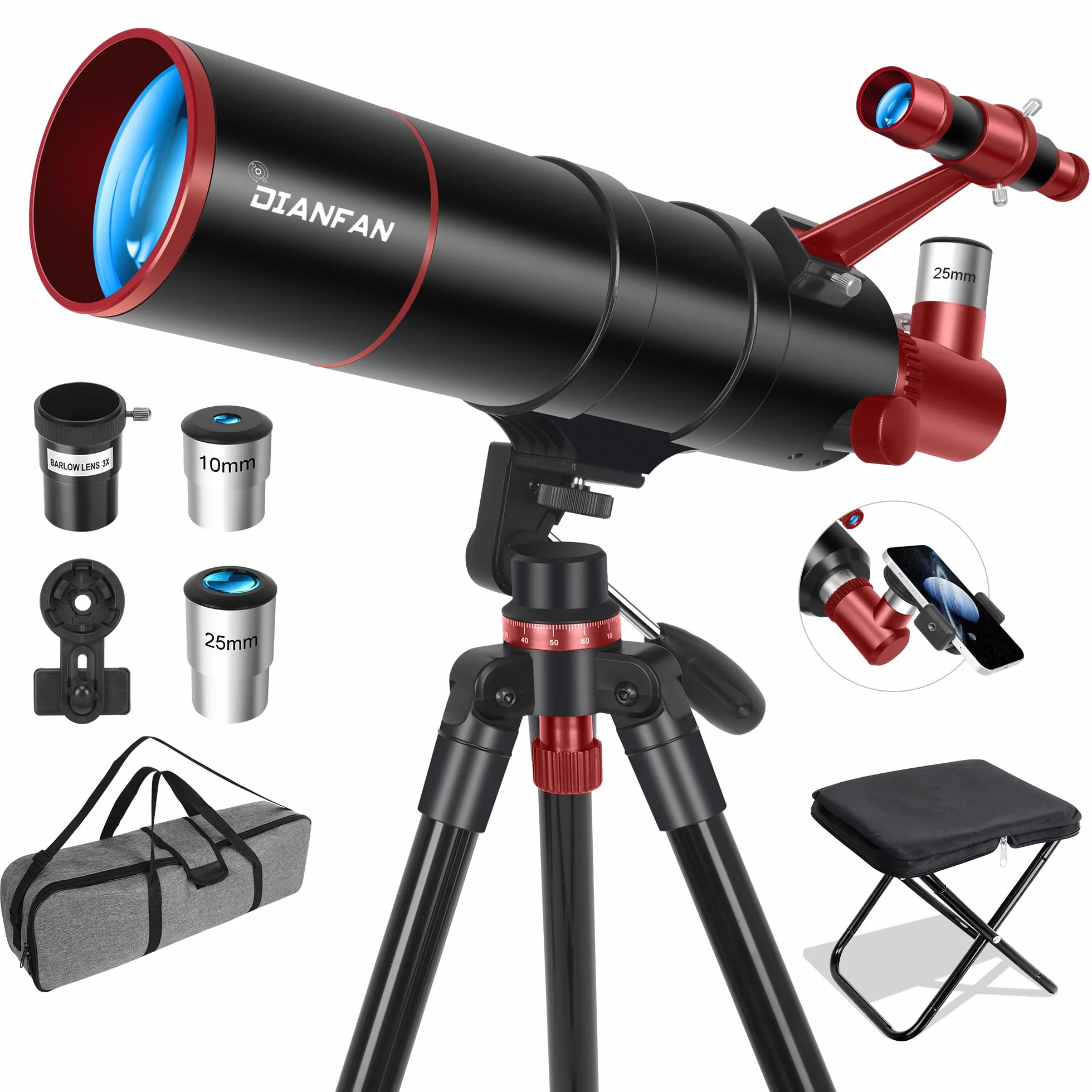 Dianfan Telescopio 90/550 Astronomico Professionale per Adulti, Telescopio Rifrattore Portatile per Principianti con Treppiede, Adattatore Smartphone, Borsa e Sgabello Pieghevole