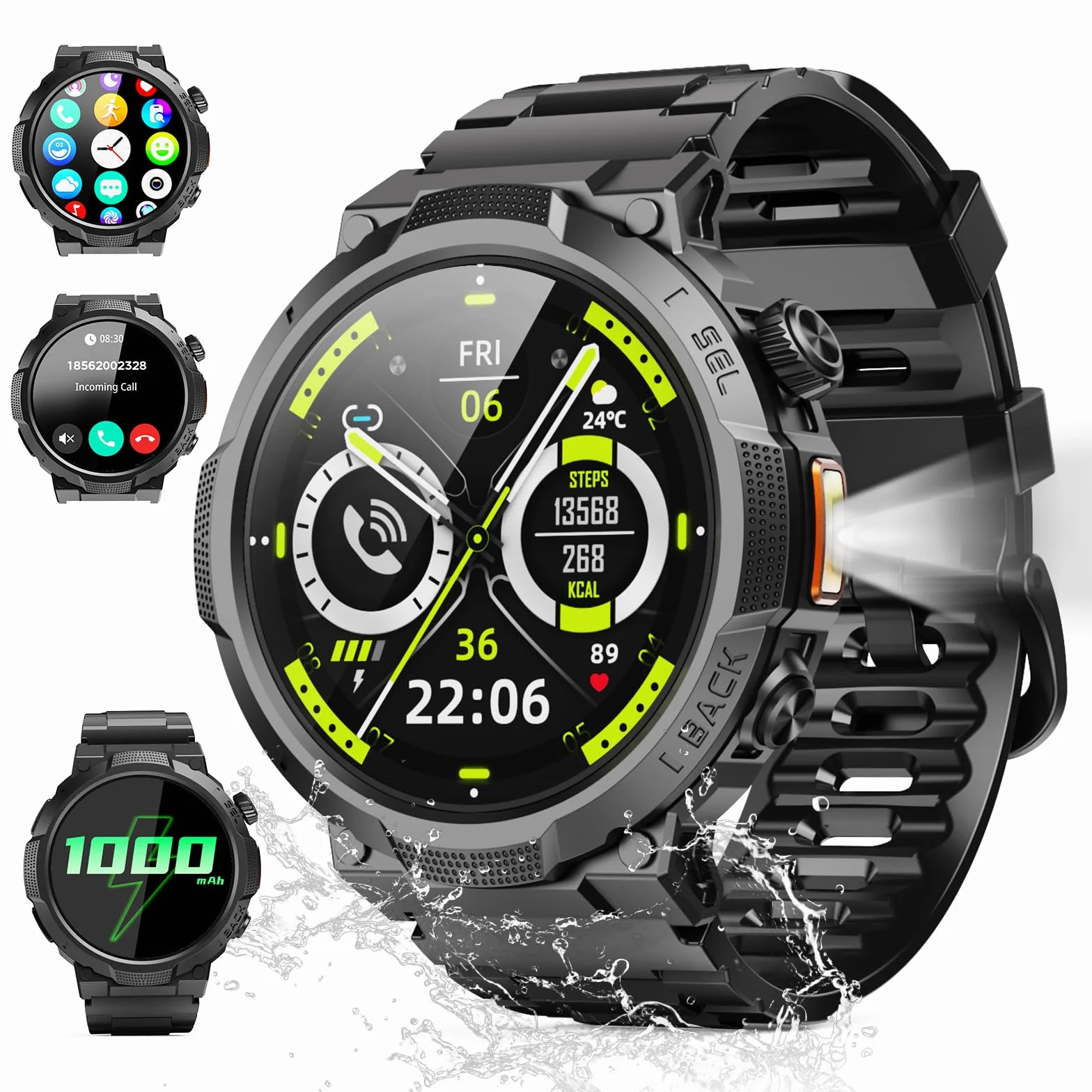 Smartwatch Uomo Militare, Orologio Smartwatch 1.43" con Chiamate Bluetooth, 100+ Modalità Sportive, Batteria 1000 mAh, Monitoraggio Sonno e Cardiofrequenzimetro, Torcia e Bussola per IOS/Android